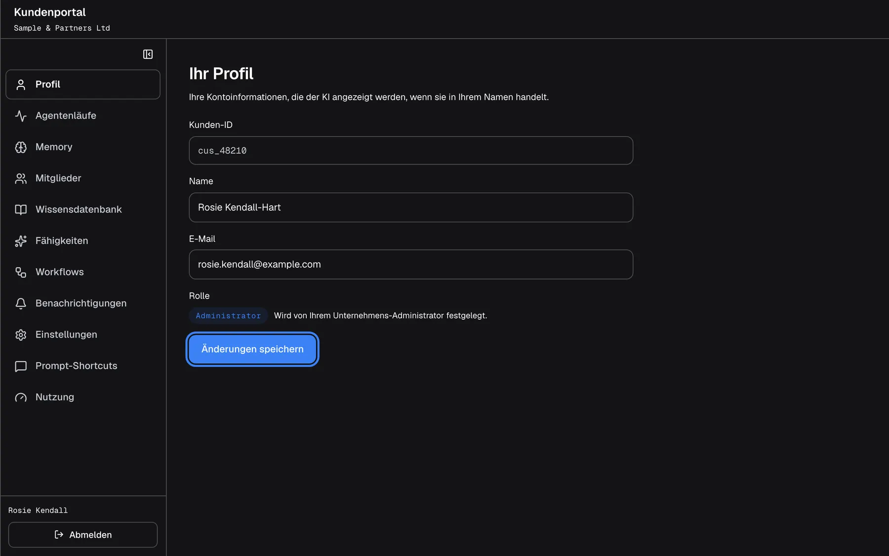 Die Seite „Ihr Profil“, nachdem der Name in „Rosie Kendall-Hart“ geändert wurde. Die blaue Schaltfläche „Änderungen speichern“ unter dem Formular ist jetzt aktiv und hervorgehoben; ein Klick darauf speichert den neuen Namen und zeigt „Profil gespeichert.“. Kunden-ID „cus_48210“, die E-Mail „rosie.kendall@example.com“ und die Rolle „Administrator“ bleiben unverändert.