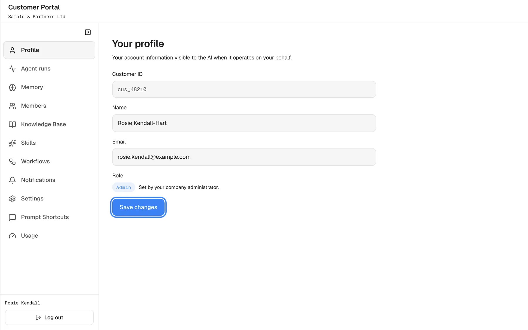 The "Your profile" page after the name was changed to "Rosie Kendall-Hart". The blue "Save changes" button below the form is now active and highlighted; selecting it stores the new name and shows "Profile saved.". Customer ID "cus_48210", the email "rosie.kendall@example.com" and the role "Admin" are unchanged.