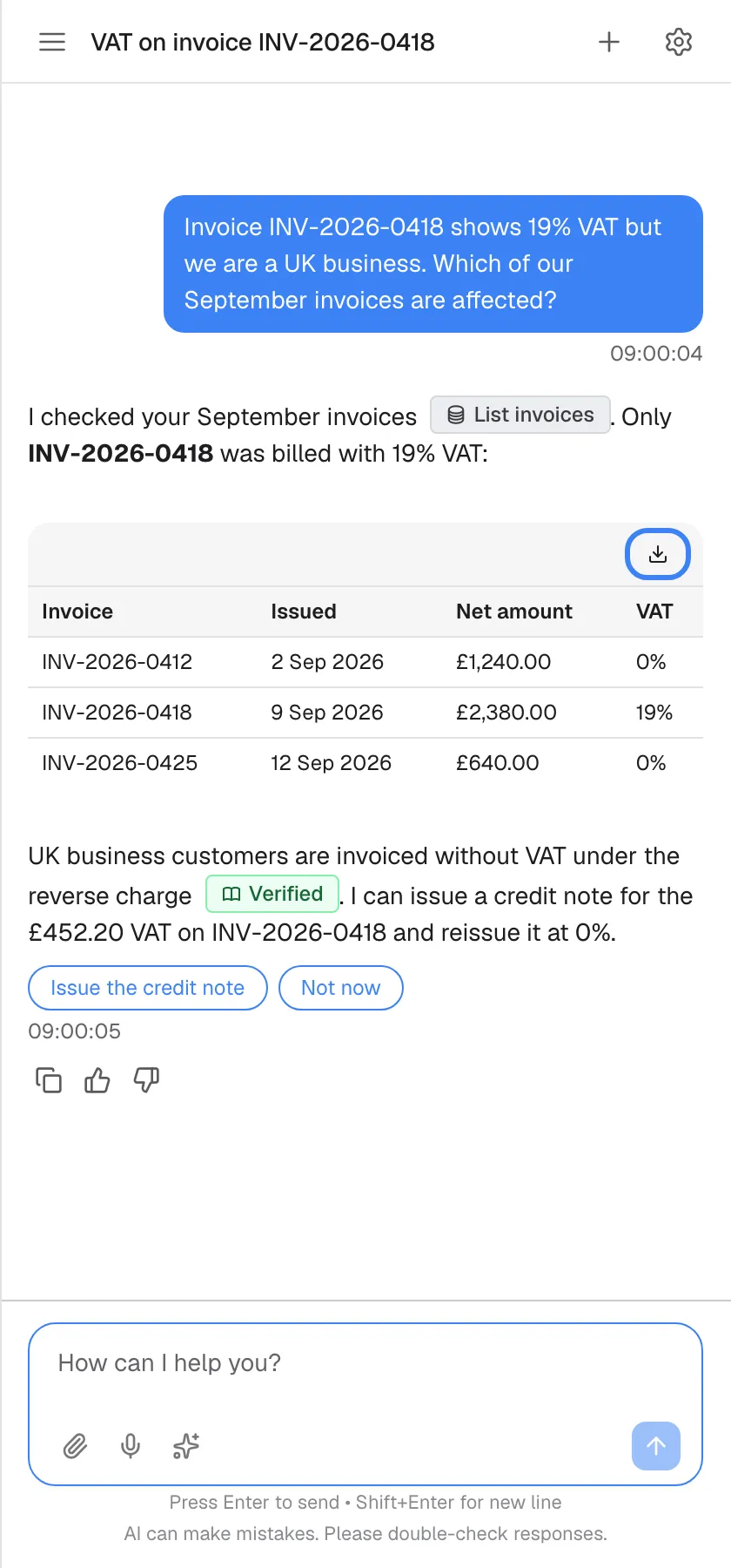 The same answer with its table of three September invoices, with the columns Invoice, Issued, Net amount and VAT; INV-2026-0418 shows 19%, the others 0%. Above the table, at the right, the download icon "Download table as CSV" is highlighted. Selecting it saves the table as a CSV file you can open in a spreadsheet.