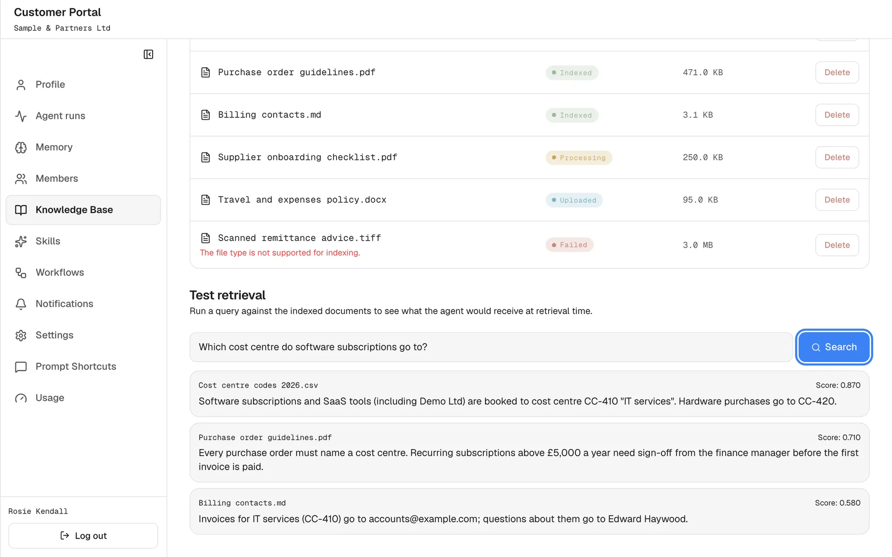 The "Test retrieval" section at the bottom of the Knowledge Base page: "Run a query against the indexed documents to see what the agent would receive at retrieval time.", the question "Which cost centre do software subscriptions go to?" and the blue "Search" button, highlighted. Three passages are found, each with its source file and a score: from "Cost centre codes 2026.csv" (Score: 0.870) saying software subscriptions go to cost centre CC-410, then from "Purchase order guidelines.pdf" (0.710) and "Billing contacts.md" (0.580).