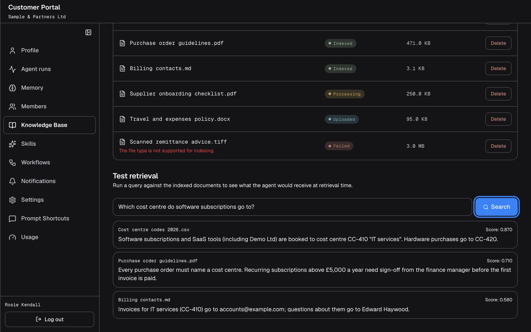 The "Test retrieval" section at the bottom of the Knowledge Base page: "Run a query against the indexed documents to see what the agent would receive at retrieval time.", the question "Which cost centre do software subscriptions go to?" and the blue "Search" button, highlighted. Three passages are found, each with its source file and a score: from "Cost centre codes 2026.csv" (Score: 0.870) saying software subscriptions go to cost centre CC-410, then from "Purchase order guidelines.pdf" (0.710) and "Billing contacts.md" (0.580).