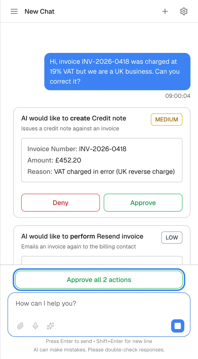 The chat with two approval cards waiting: the first for "Credit note" (MEDIUM risk) and, below it, "AI would like to perform Resend invoice" with the description "Emails an invoice again to the billing contact" and a grey "LOW" badge. Above the message box a wide green button "Approve all 2 actions" is highlighted; it approves both at once. There is no button to deny all. While cards are waiting you cannot send a new message.