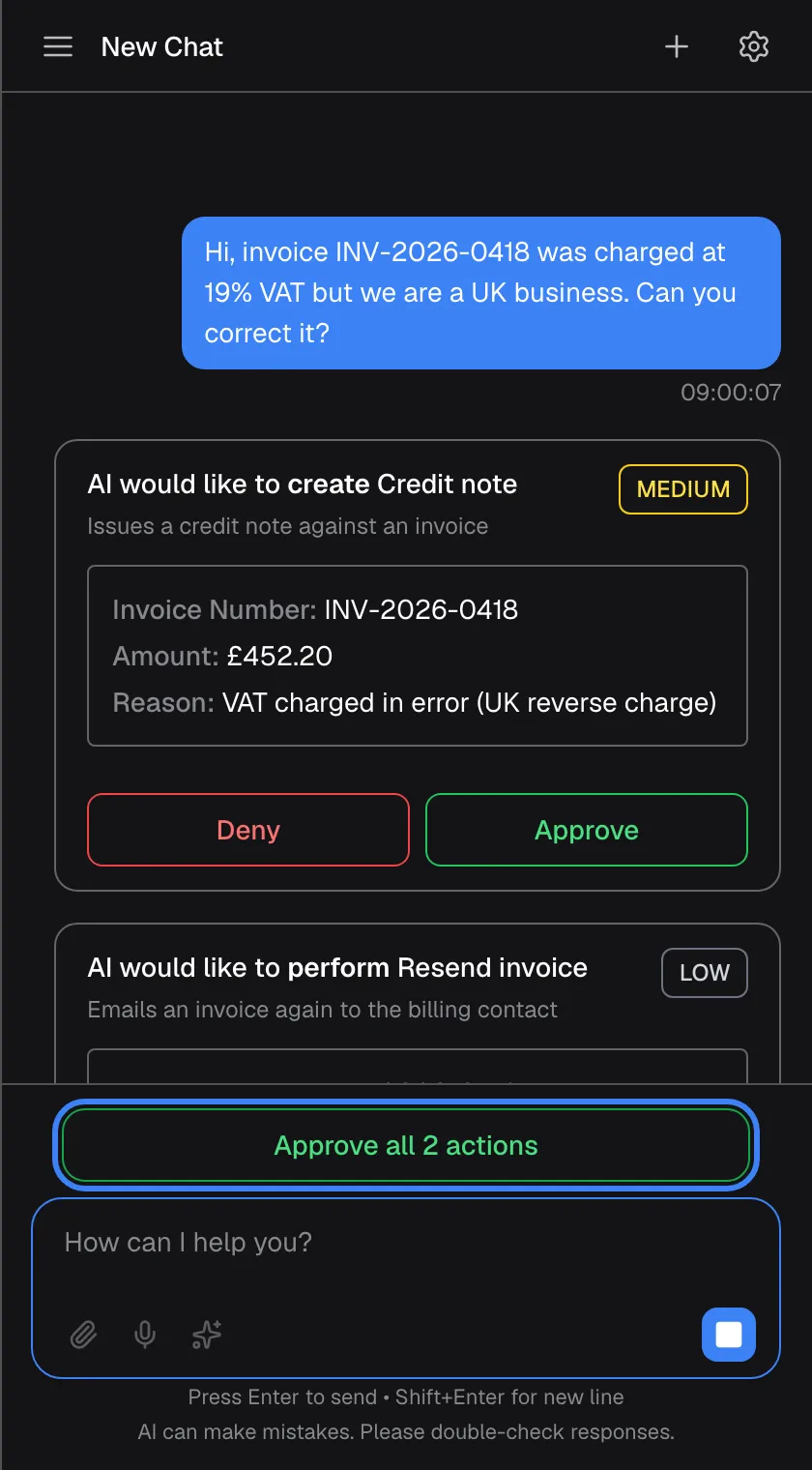 The chat with two approval cards waiting: the first for "Credit note" (MEDIUM risk) and, below it, "AI would like to perform Resend invoice" with the description "Emails an invoice again to the billing contact" and a grey "LOW" badge. Above the message box a wide green button "Approve all 2 actions" is highlighted; it approves both at once. There is no button to deny all. While cards are waiting you cannot send a new message.