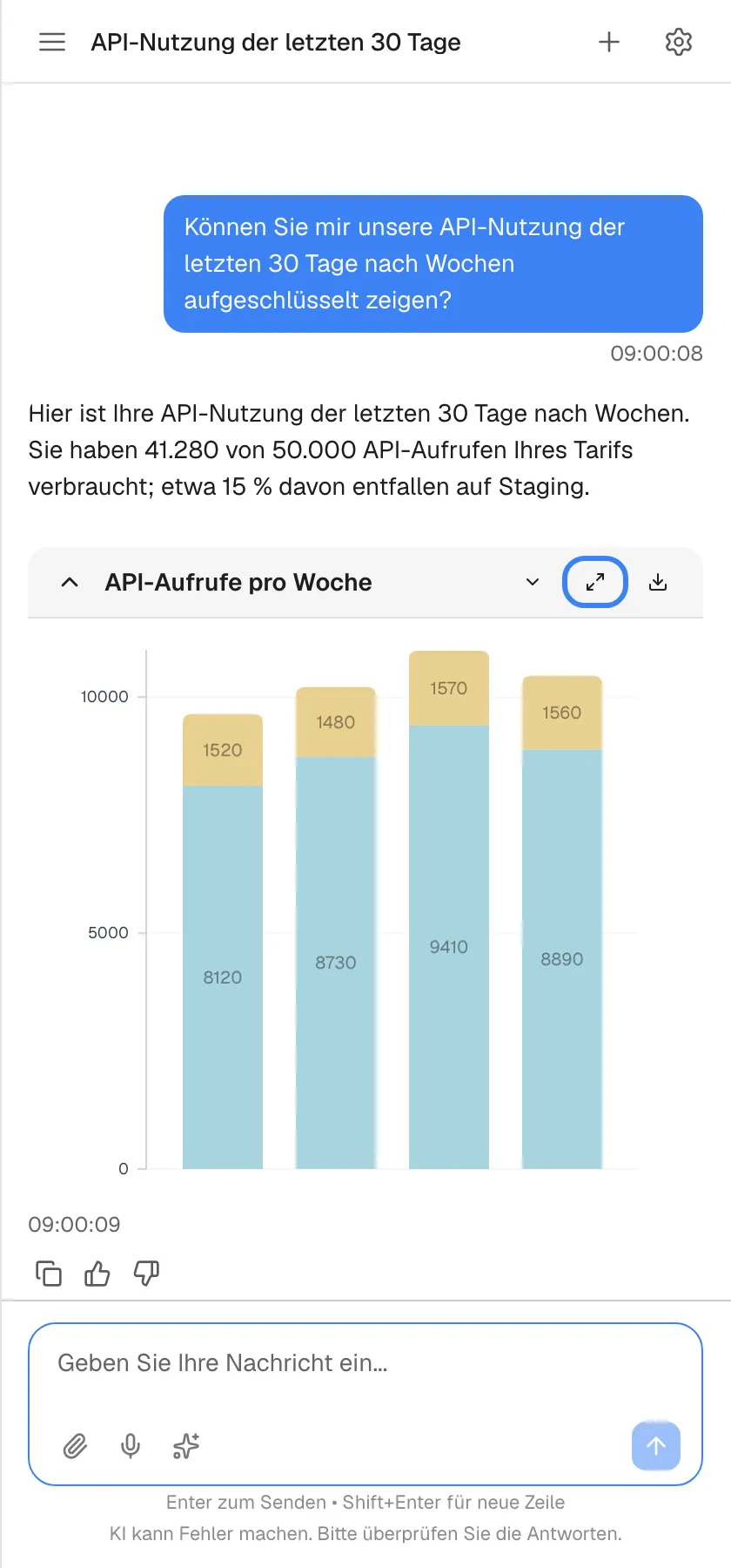 Eine Antwort auf „Können Sie mir unsere API-Nutzung der letzten 30 Tage nach Wochen aufgeschlüsselt zeigen?“. Der Text nennt 41.280 von 50.000 verbrauchten API-Aufrufen und einen Staging-Anteil von etwa 15 %. Darunter folgt eine Diagrammkarte „API-Aufrufe pro Woche“ mit einem gestapelten Balkendiagramm über vier Wochen. Im Kopf der Karte liegen Symbole zum Einklappen, zum Einblenden der Legende, „Detaillierte Grafik anzeigen“, hervorgehoben, und zum Herunterladen als Bild.