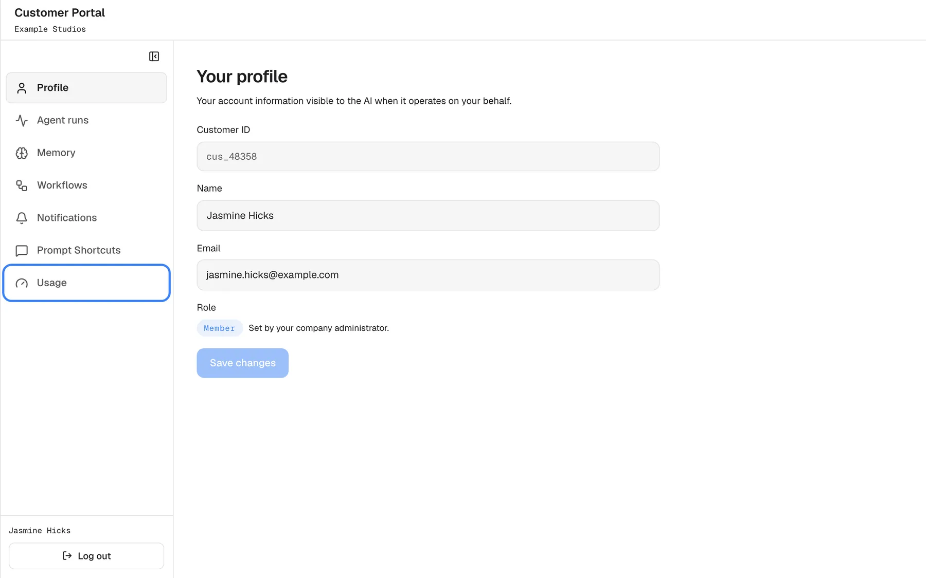 The customer portal opened directly from a link, as the Member Jasmine Hicks of "Example Studios". The left menu is shorter: "Profile", "Agent runs", "Memory", "Workflows", "Notifications", "Prompt Shortcuts" and "Usage", the last one highlighted. "Your profile" is open, showing Customer ID "cus_48358", the name and email, and the role "Member". Opened from a link, the portal has no close button.