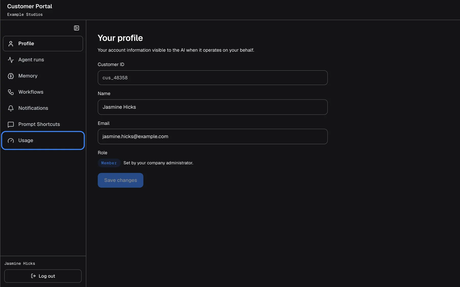 The customer portal opened directly from a link, as the Member Jasmine Hicks of "Example Studios". The left menu is shorter: "Profile", "Agent runs", "Memory", "Workflows", "Notifications", "Prompt Shortcuts" and "Usage", the last one highlighted. "Your profile" is open, showing Customer ID "cus_48358", the name and email, and the role "Member". Opened from a link, the portal has no close button.