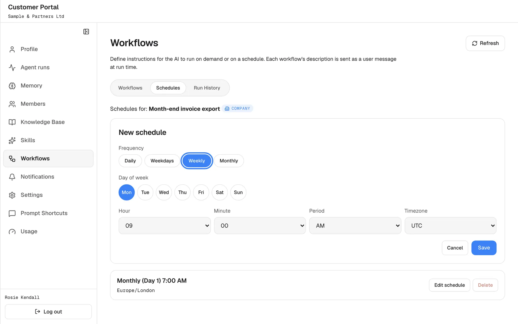 The "Schedules" tab for "Month-end invoice export" with the "New schedule" form open. Under "Frequency" the options are "Daily", "Weekdays", "Weekly", highlighted and selected, and "Monthly". Because Weekly is chosen, "Day of week" appears with the days "Mon" (selected) to "Sun", above "Hour", "Minute" (00, 15, 30 or 45), "Period" (AM or PM) and "Timezone". "Cancel" and "Save" are below. The existing schedule "Monthly (Day 1) 7:00 AM", "Europe/London", is listed underneath.