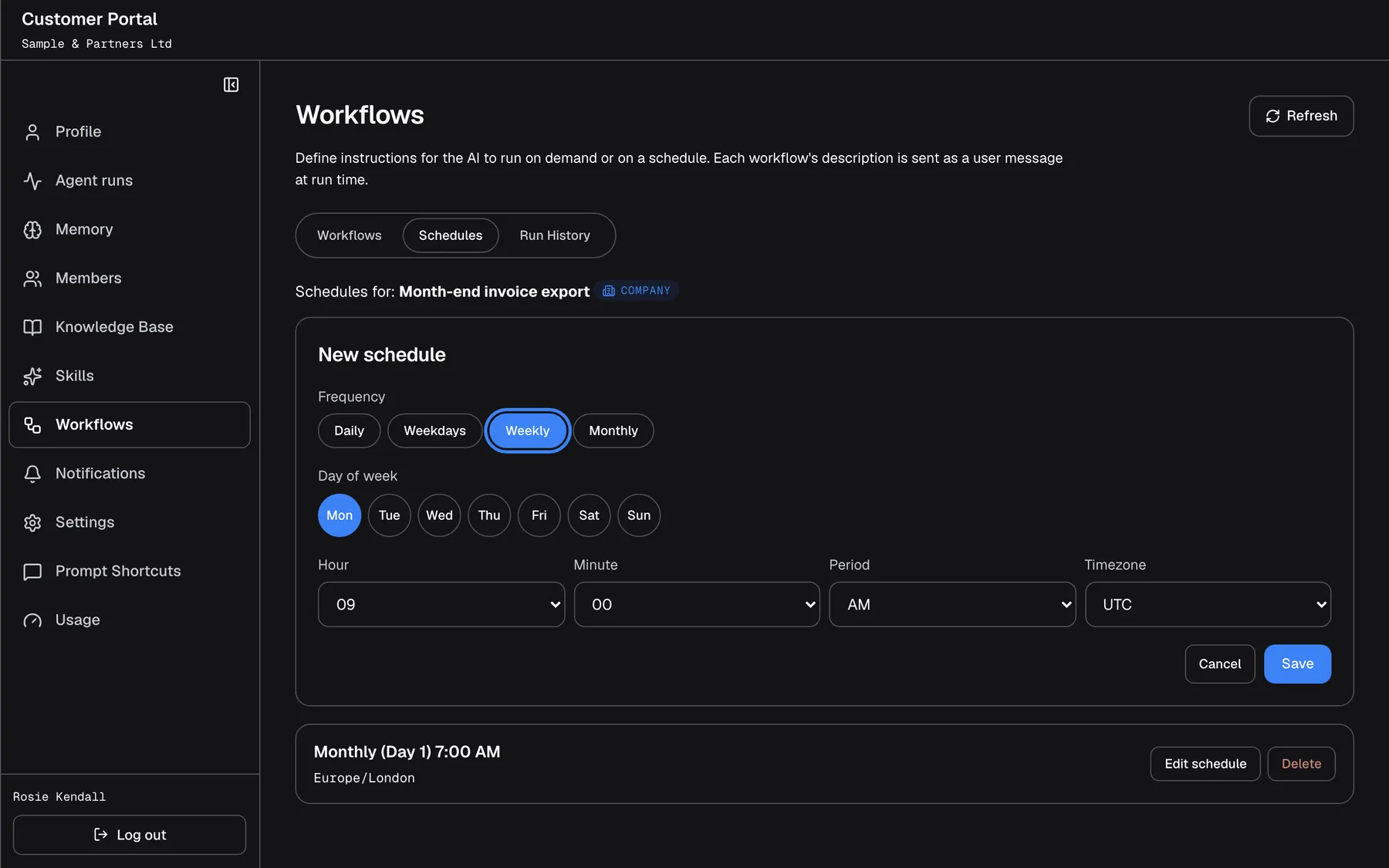 The "Schedules" tab for "Month-end invoice export" with the "New schedule" form open. Under "Frequency" the options are "Daily", "Weekdays", "Weekly", highlighted and selected, and "Monthly". Because Weekly is chosen, "Day of week" appears with the days "Mon" (selected) to "Sun", above "Hour", "Minute" (00, 15, 30 or 45), "Period" (AM or PM) and "Timezone". "Cancel" and "Save" are below. The existing schedule "Monthly (Day 1) 7:00 AM", "Europe/London", is listed underneath.