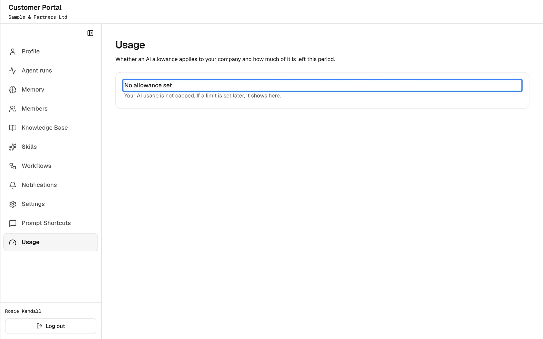The "Usage" page when your provider has set no limit. Instead of a bar, a card titled "No allowance set", highlighted, says "Your AI usage is not capped. If a limit is set later, it shows here.". The menu on the left and the intro "Whether an AI allowance applies to your company and how much of it is left this period." are unchanged.