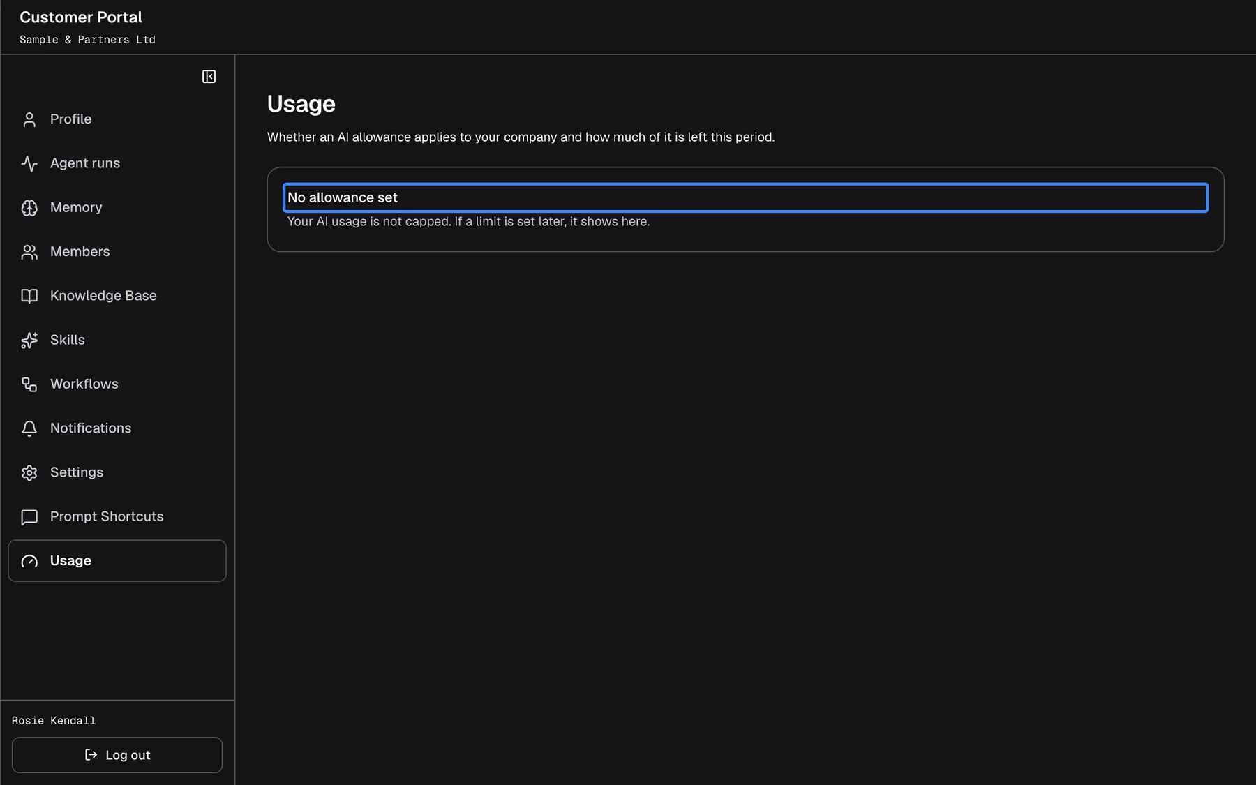 The "Usage" page when your provider has set no limit. Instead of a bar, a card titled "No allowance set", highlighted, says "Your AI usage is not capped. If a limit is set later, it shows here.". The menu on the left and the intro "Whether an AI allowance applies to your company and how much of it is left this period." are unchanged.