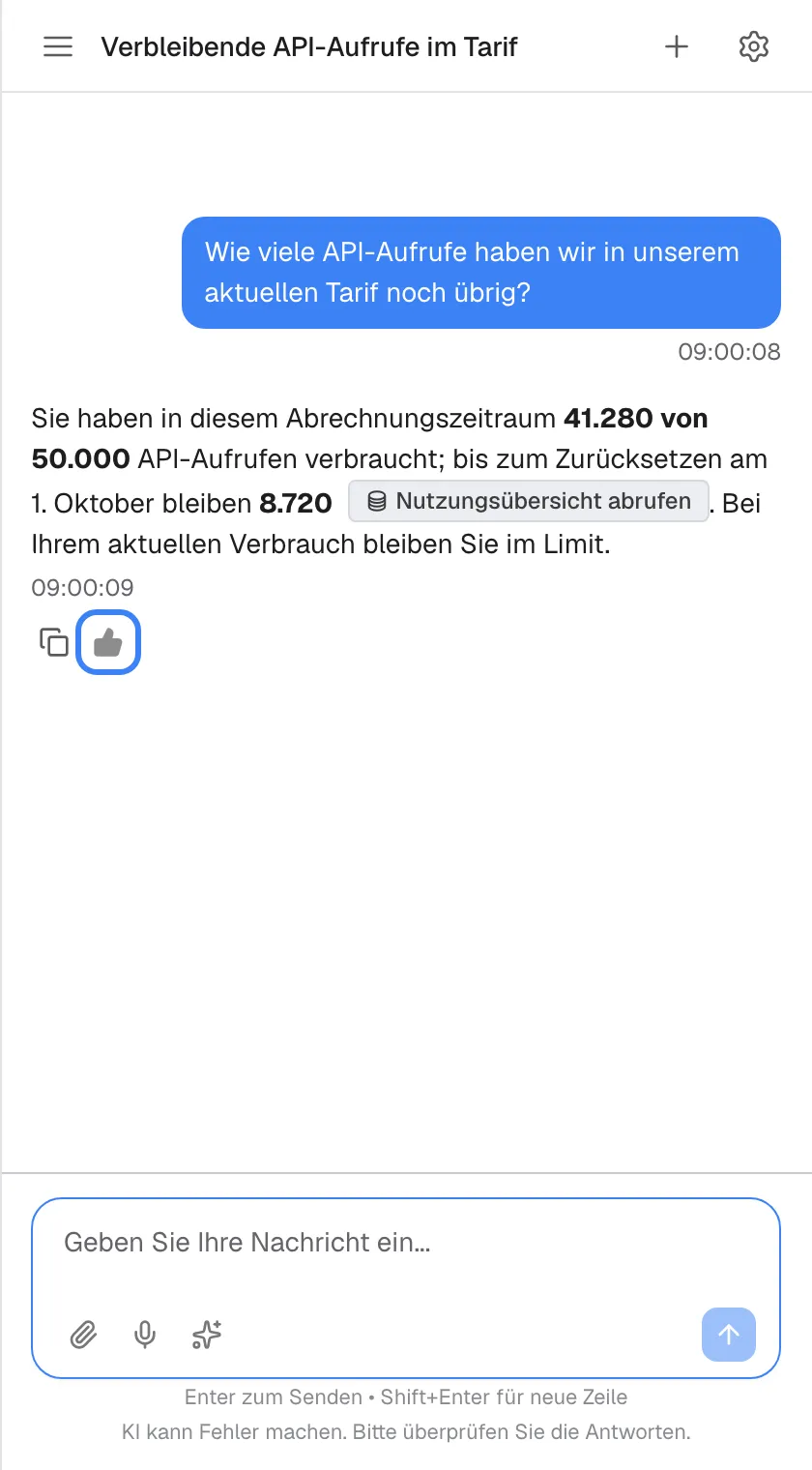 Dieselbe Antwort nach Daumen hoch. Nur das Kopiersymbol und das ausgefüllte Daumen-hoch-Symbol „Gute Antwort“, hervorgehoben, bleiben stehen; das Daumen-runter-Symbol ist verschwunden. Jede Antwort lässt sich einmal bewerten, und die Bewertung kann danach weder geändert noch wieder entfernt werden. Das gilt auch für einen Daumen runter.