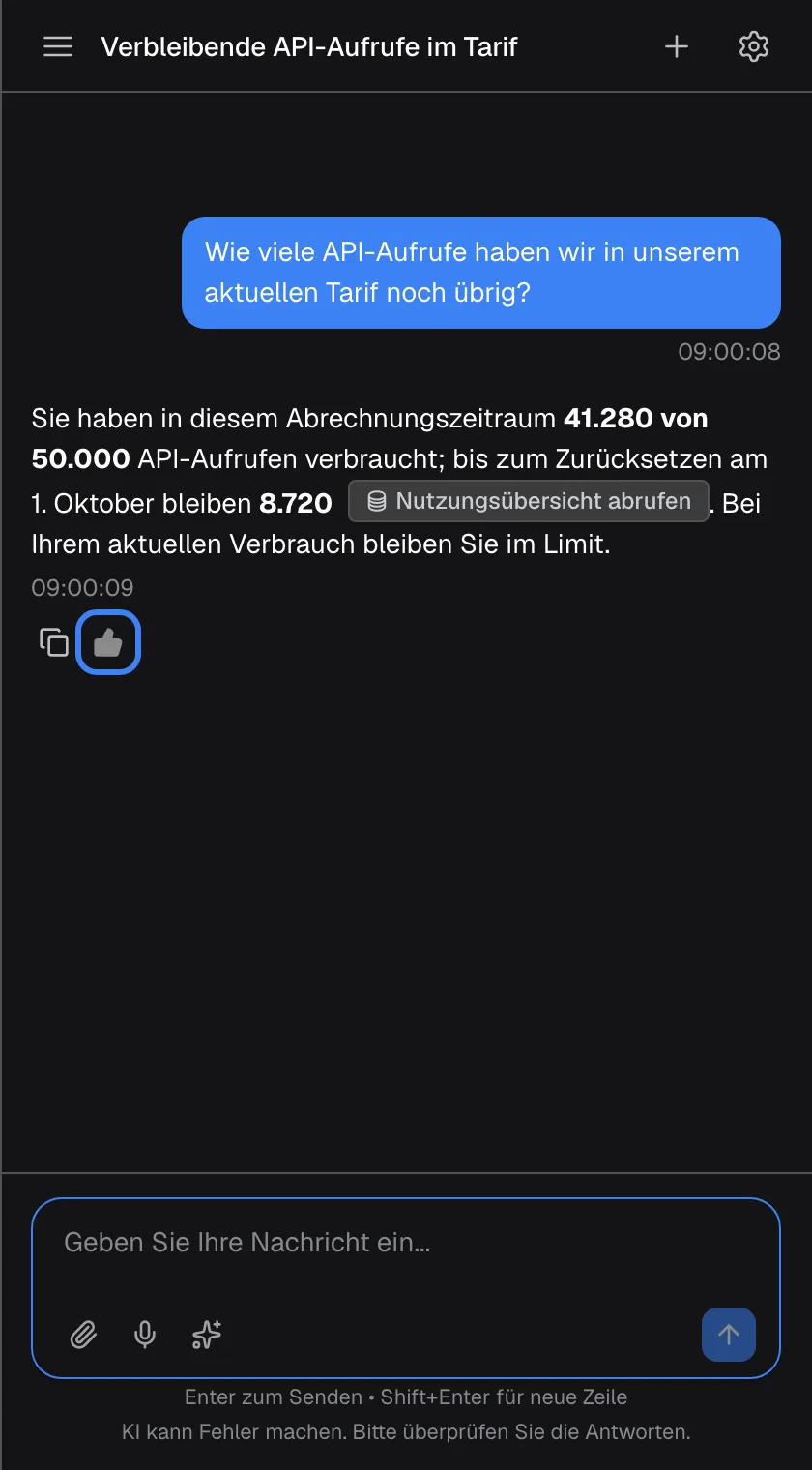 Dieselbe Antwort nach Daumen hoch. Nur das Kopiersymbol und das ausgefüllte Daumen-hoch-Symbol „Gute Antwort“, hervorgehoben, bleiben stehen; das Daumen-runter-Symbol ist verschwunden. Jede Antwort lässt sich einmal bewerten, und die Bewertung kann danach weder geändert noch wieder entfernt werden. Das gilt auch für einen Daumen runter.