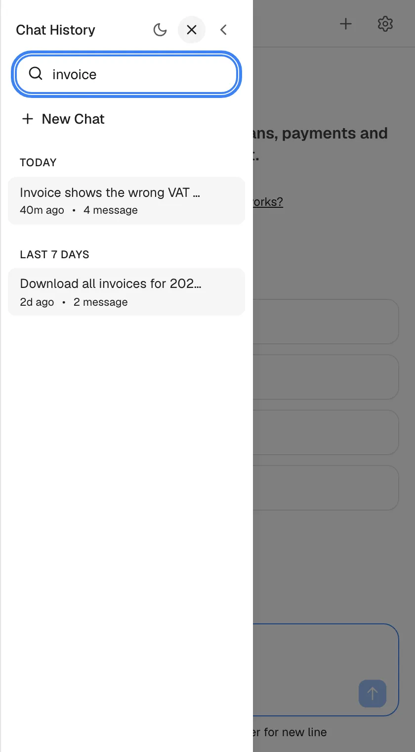 The history sidebar with the search box open under the header, highlighted, holding the word "invoice" (placeholder "Search chats..."). The list now shows only chats whose title contains it, such as "Invoice shows the wrong VAT rate" and "Download all invoices for 2025". The search looks at chat titles only, not at the messages inside.