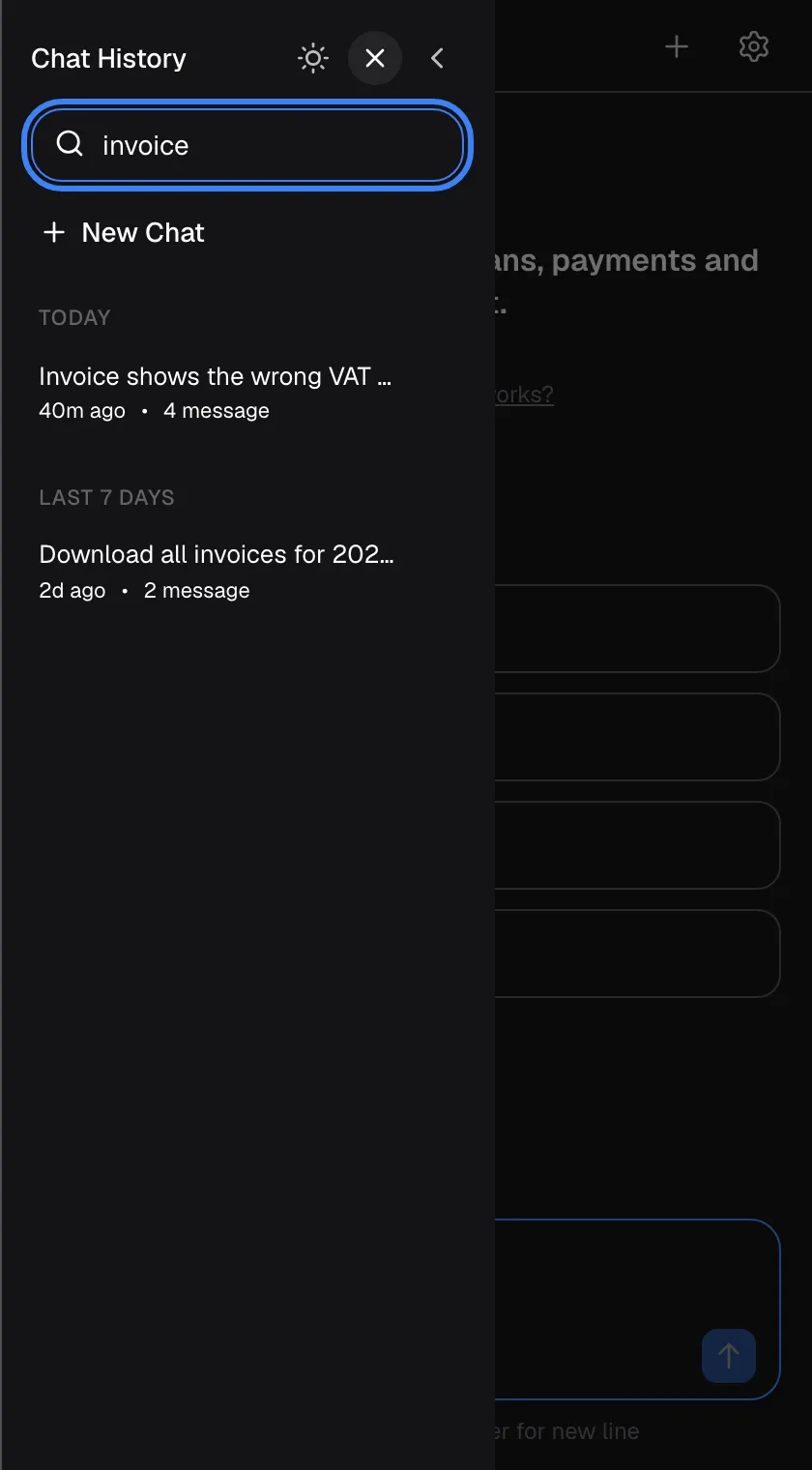 The history sidebar with the search box open under the header, highlighted, holding the word "invoice" (placeholder "Search chats..."). The list now shows only chats whose title contains it, such as "Invoice shows the wrong VAT rate" and "Download all invoices for 2025". The search looks at chat titles only, not at the messages inside.