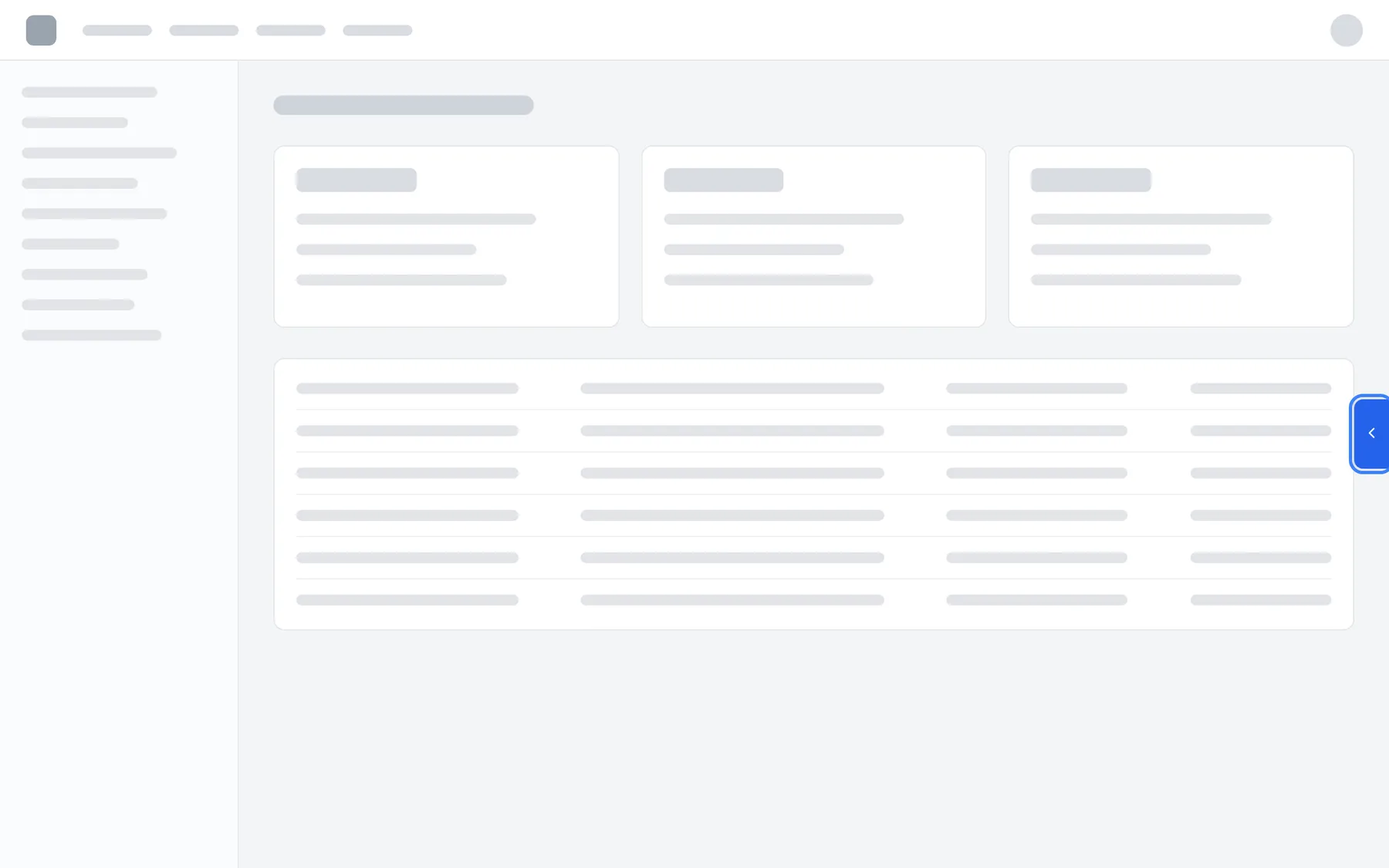 The provider's product with the assistant set up as a sidebar. Instead of a round button there is a narrow blue tab with a left-pointing arrow, highlighted, on the right edge of the page, halfway down. The tab has no text. Selecting it slides the assistant in as a full-height pane from the right; selecting it again closes the pane.