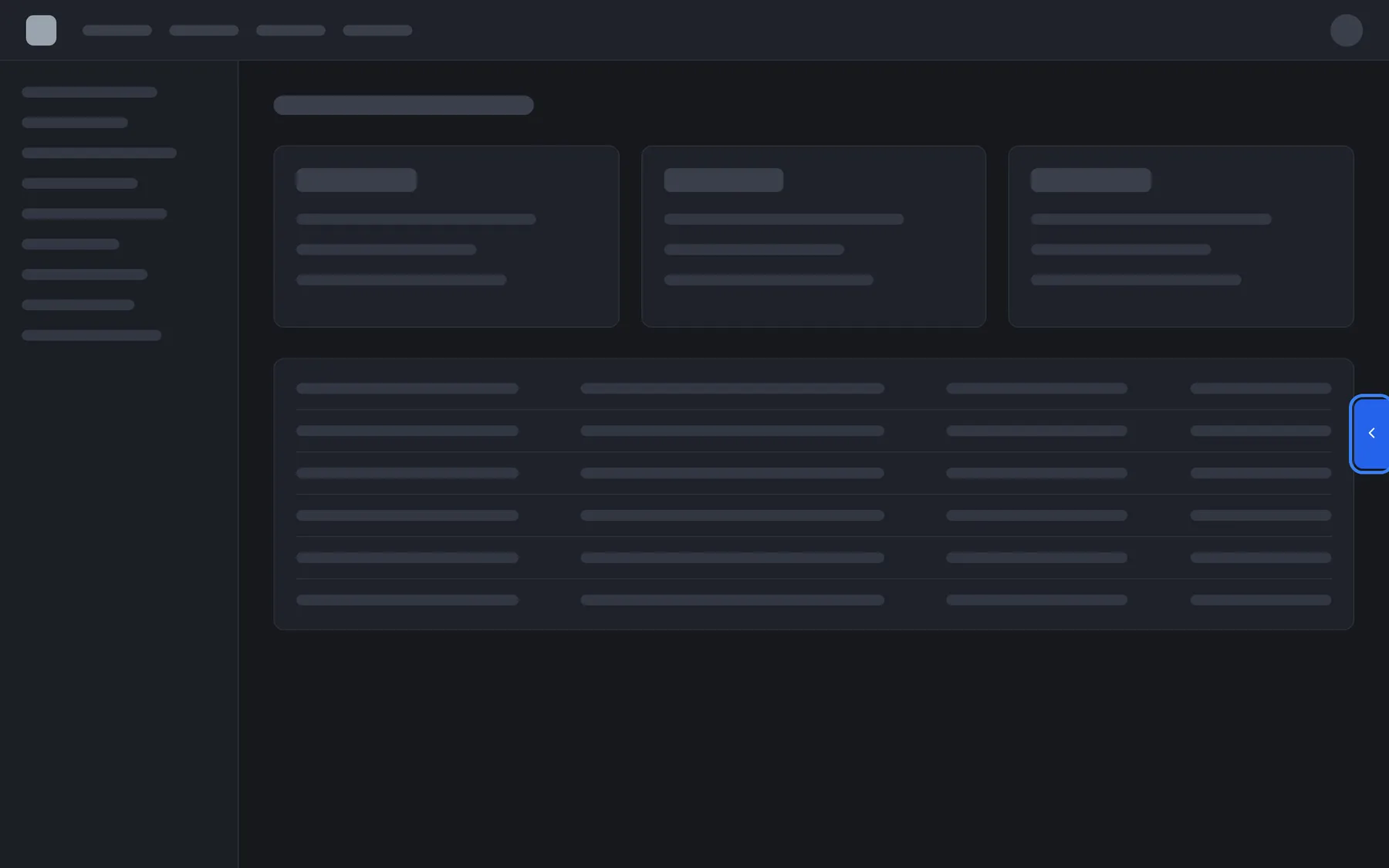 The provider's product with the assistant set up as a sidebar. Instead of a round button there is a narrow blue tab with a left-pointing arrow, highlighted, on the right edge of the page, halfway down. The tab has no text. Selecting it slides the assistant in as a full-height pane from the right; selecting it again closes the pane.