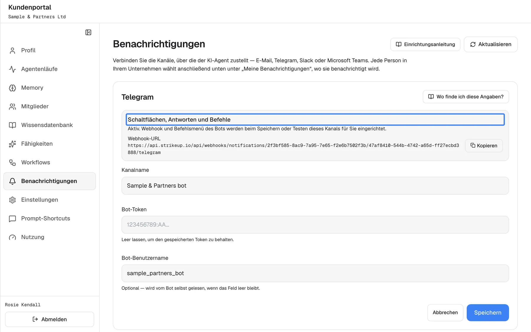 Der Telegram-Kanal "Sample & Partners bot" in Bearbeitung im Kundenportal, oben rechts "Wo finde ich diese Angaben?". Das hervorgehobene Feld "Schaltflächen, Antworten und Befehle" lautet "Aktiv. Webhook und Befehlsmenü des Bots werden beim Speichern oder Testen dieses Kanals für Sie eingerichtet." und zeigt die "Webhook-URL" mit "Kopieren". Darunter stehen "Kanalname" "Sample & Partners bot", "Bot-Token" (leer: "Leer lassen, um den gespeicherten Token zu behalten.") und "Bot-Benutzername" "sample_partners_bot", dann "Abbrechen" und "Speichern".