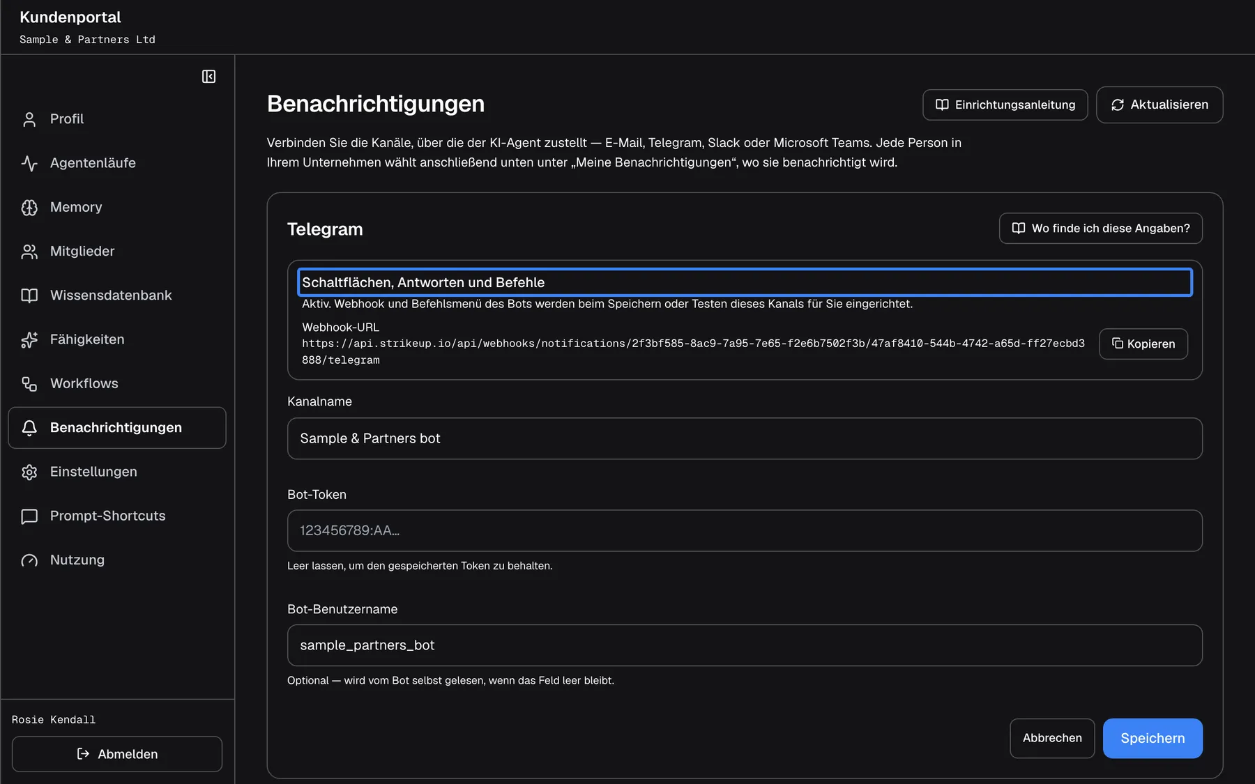 Der Telegram-Kanal "Sample & Partners bot" in Bearbeitung im Kundenportal, oben rechts "Wo finde ich diese Angaben?". Das hervorgehobene Feld "Schaltflächen, Antworten und Befehle" lautet "Aktiv. Webhook und Befehlsmenü des Bots werden beim Speichern oder Testen dieses Kanals für Sie eingerichtet." und zeigt die "Webhook-URL" mit "Kopieren". Darunter stehen "Kanalname" "Sample & Partners bot", "Bot-Token" (leer: "Leer lassen, um den gespeicherten Token zu behalten.") und "Bot-Benutzername" "sample_partners_bot", dann "Abbrechen" und "Speichern".