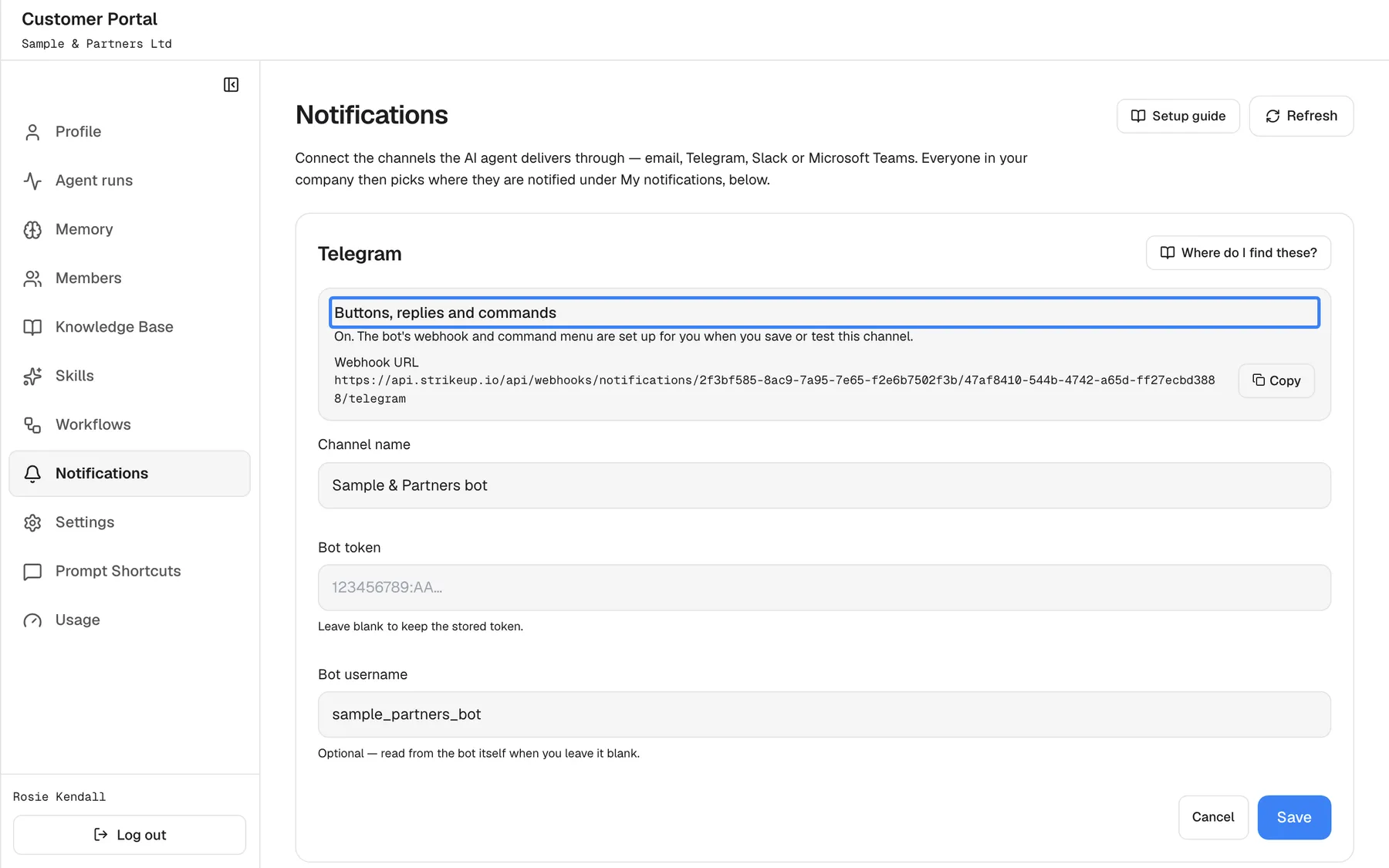 The Telegram channel "Sample & Partners bot" opened for editing in the Customer Portal, with "Where do I find these?" at the top right. The highlighted panel "Buttons, replies and commands" reads "On. The bot's webhook and command menu are set up for you when you save or test this channel." and shows the "Webhook URL" with "Copy". Below are "Channel name" "Sample & Partners bot", "Bot token" (empty: "Leave blank to keep the stored token.") and "Bot username" "sample_partners_bot", then "Cancel" and "Save".