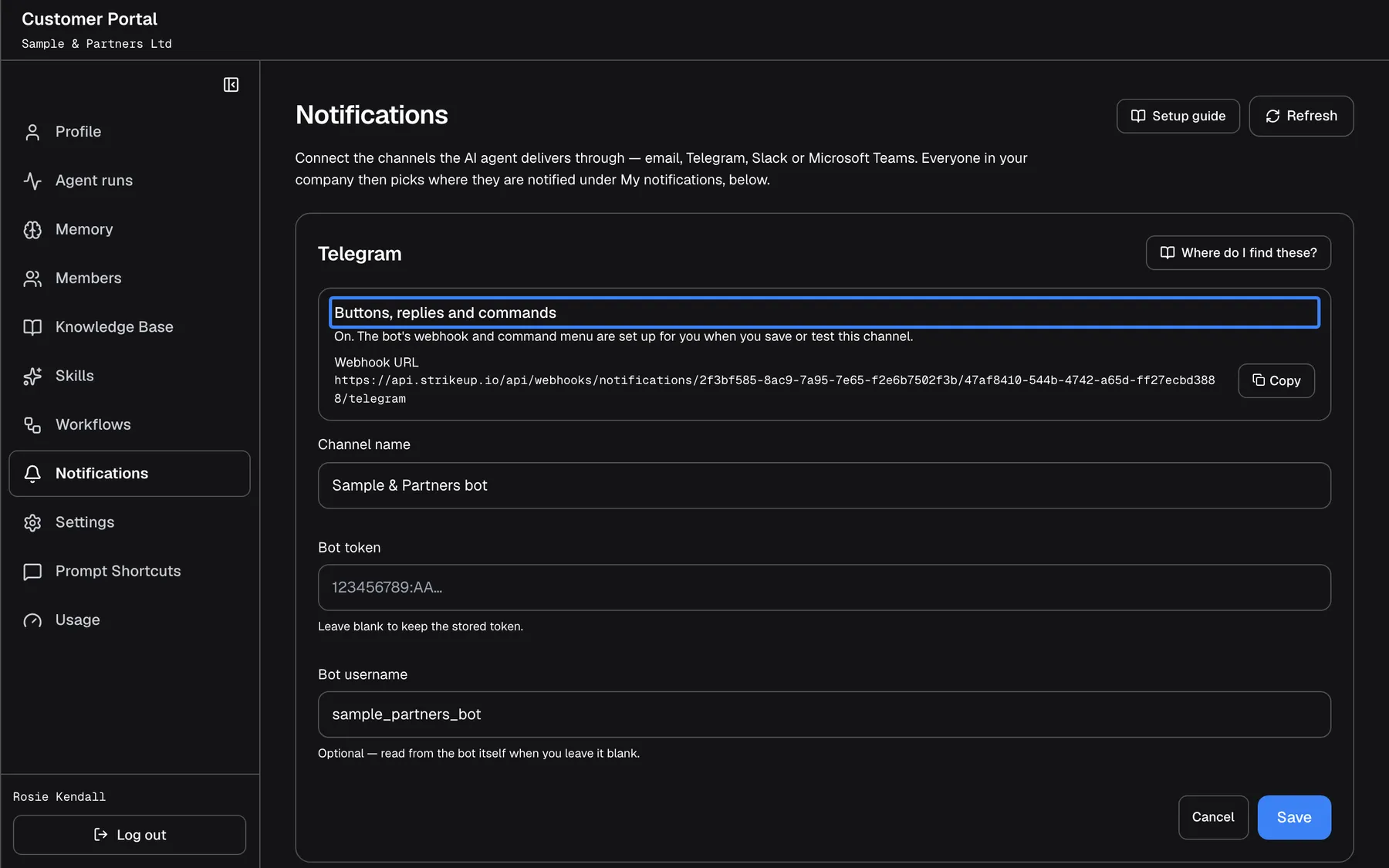 The Telegram channel "Sample & Partners bot" opened for editing in the Customer Portal, with "Where do I find these?" at the top right. The highlighted panel "Buttons, replies and commands" reads "On. The bot's webhook and command menu are set up for you when you save or test this channel." and shows the "Webhook URL" with "Copy". Below are "Channel name" "Sample & Partners bot", "Bot token" (empty: "Leave blank to keep the stored token.") and "Bot username" "sample_partners_bot", then "Cancel" and "Save".