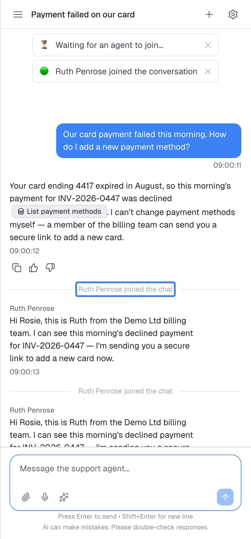 The support agent has joined. Under the "Waiting for an agent to join…" notice at the top, a green notice says "Ruth Penrose joined the conversation", and in the chat a divider "Ruth Penrose joined the chat" is highlighted. Below it, messages labelled "Ruth Penrose" read "Hi Rosie, this is Ruth from the Demo Ltd billing team…" and "The link is in your inbox…". From now on you are talking to Ruth until she ends the session.