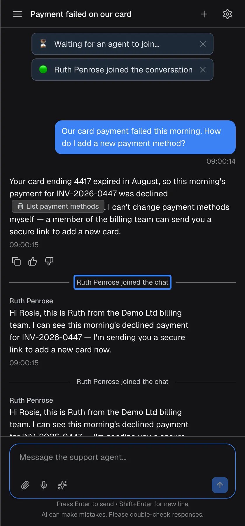 The support agent has joined. Under the "Waiting for an agent to join…" notice at the top, a green notice says "Ruth Penrose joined the conversation", and in the chat a divider "Ruth Penrose joined the chat" is highlighted. Below it, messages labelled "Ruth Penrose" read "Hi Rosie, this is Ruth from the Demo Ltd billing team…" and "The link is in your inbox…". From now on you are talking to Ruth until she ends the session.
