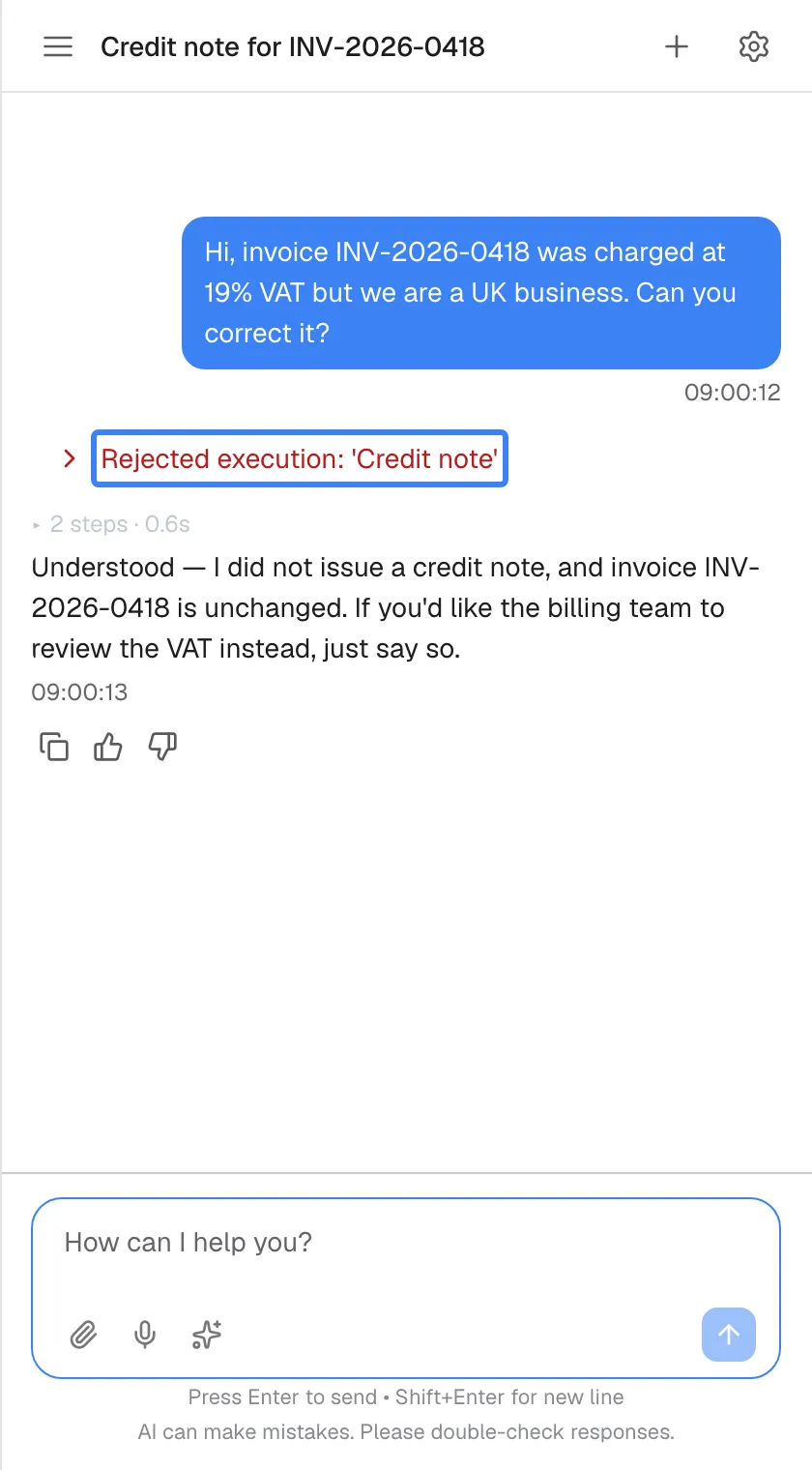 The chat after selecting "Deny". The card has collapsed into a red line "Rejected execution: 'Credit note'", highlighted. The assistant still answers: "Understood — I did not issue a credit note, and invoice INV-2026-0418 is unchanged. If you'd like the billing team to review the VAT instead, just say so.".