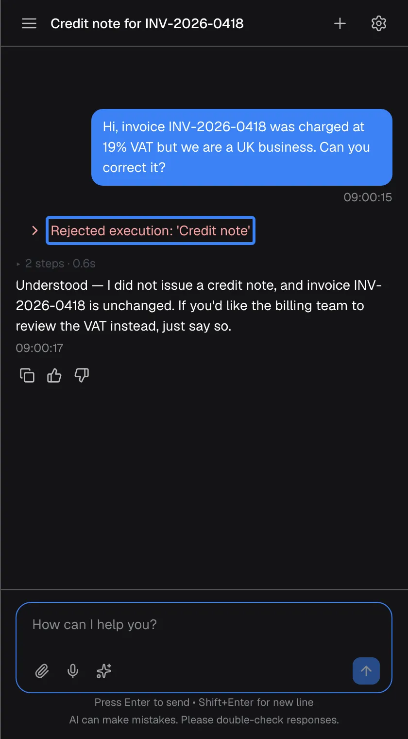The chat after selecting "Deny". The card has collapsed into a red line "Rejected execution: 'Credit note'", highlighted. The assistant still answers: "Understood — I did not issue a credit note, and invoice INV-2026-0418 is unchanged. If you'd like the billing team to review the VAT instead, just say so.".