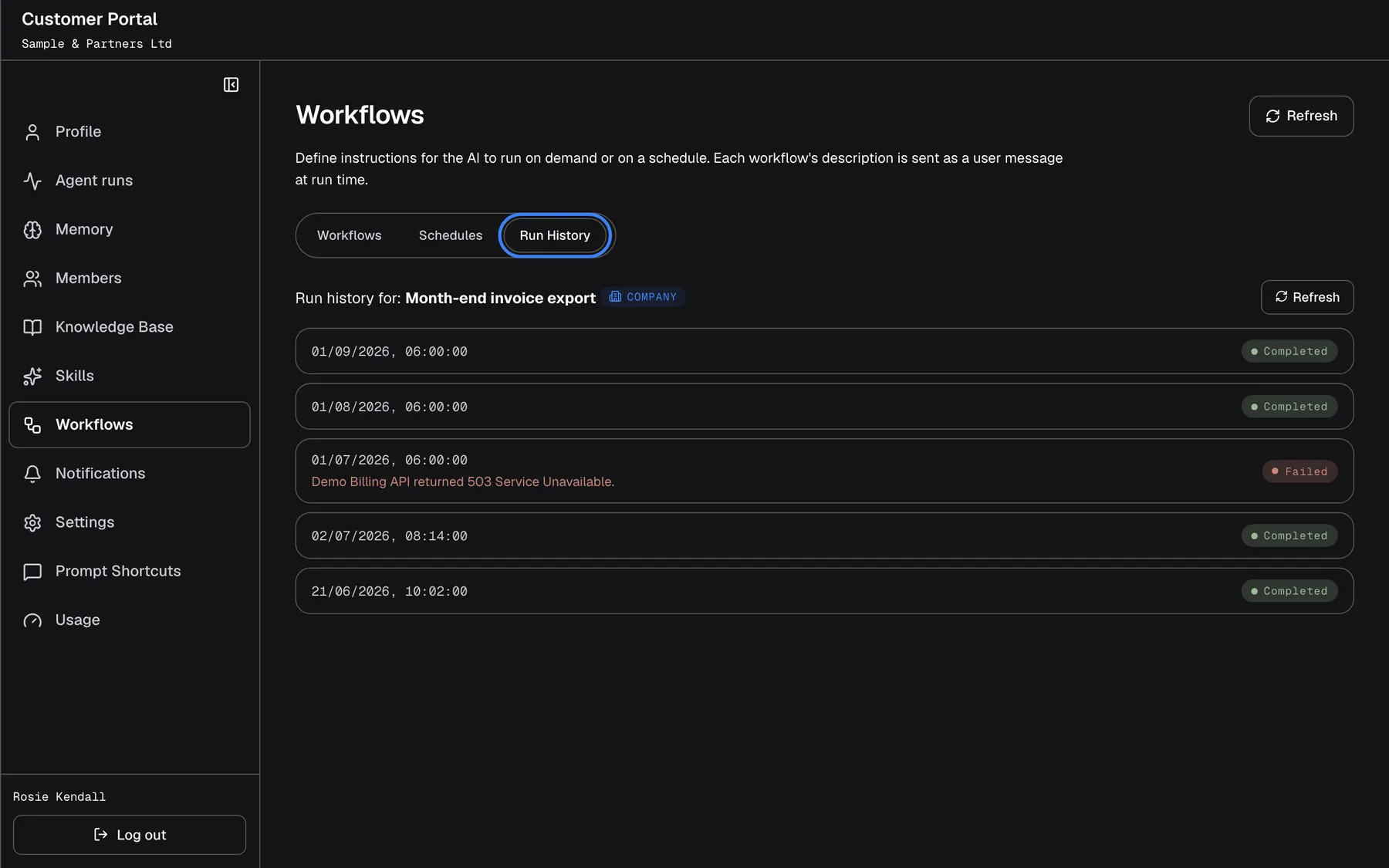 The "Run History" tab, highlighted, for "Month-end invoice export", with a "Refresh" button. It lists the last runs, newest first, each with its start time and a status: four "Completed" and, on 1 July, one "Failed" with the error "Demo Billing API returned 503 Service Unavailable." underneath. Results of finished runs are on the Agent runs page.