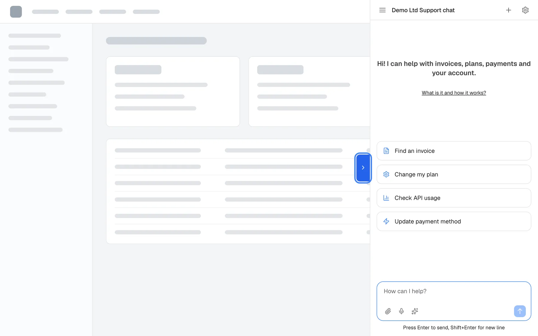 The sidebar open: the assistant fills a full-height pane on the right of the page, with the title "Demo Ltd Support chat", the welcome text, four shortcut cards and the message box "How can I help?". The blue tab, highlighted, now sits at the left edge of the pane and its arrow points right. Selecting the tab again closes the pane.