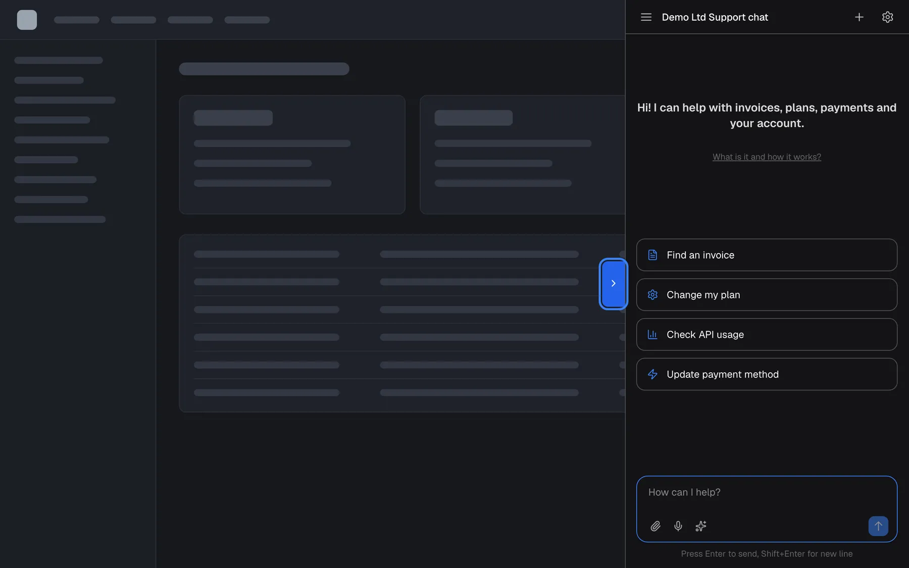 The sidebar open: the assistant fills a full-height pane on the right of the page, with the title "Demo Ltd Support chat", the welcome text, four shortcut cards and the message box "How can I help?". The blue tab, highlighted, now sits at the left edge of the pane and its arrow points right. Selecting the tab again closes the pane.