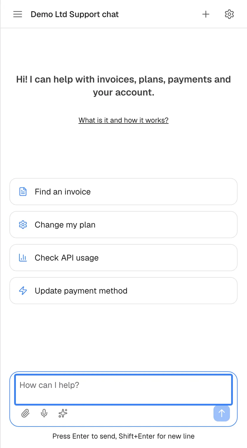 Right after creating the account the page reloads as the assistant, already signed in. It shows the title "Demo Ltd Support chat" with the menu, plus and gear icons, the welcome text "Hi! I can help with invoices, plans, payments and your account.", the link "What is it and how it works?", four shortcut cards and the message box "How can I help?", highlighted, ready for the first question.