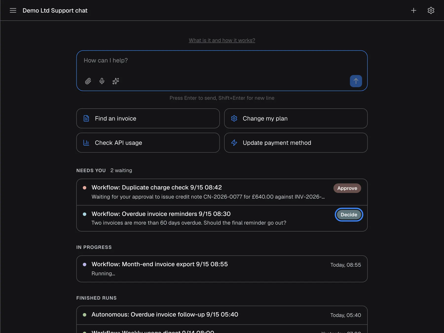 The welcome screen of a wide assistant window. Below the message box and the four shortcut cards is the activity of runs the assistant does for you in the background. "NEEDS YOU" with "2 waiting" lists "Workflow: Duplicate charge check 9/15 08:42" with "Approve" and "Workflow: Overdue invoice reminders 9/15 08:30" with "Decide", highlighted, which opens the run in the customer portal. "IN PROGRESS" shows "Workflow: Month-end invoice export 9/15 08:55", "Running...", and "FINISHED RUNS" begins with "Autonomous: Overdue invoice follow-up 9/15 05:40". Conversations in the chat are not listed here, only runs started by a schedule, by Run now or by a webhook.