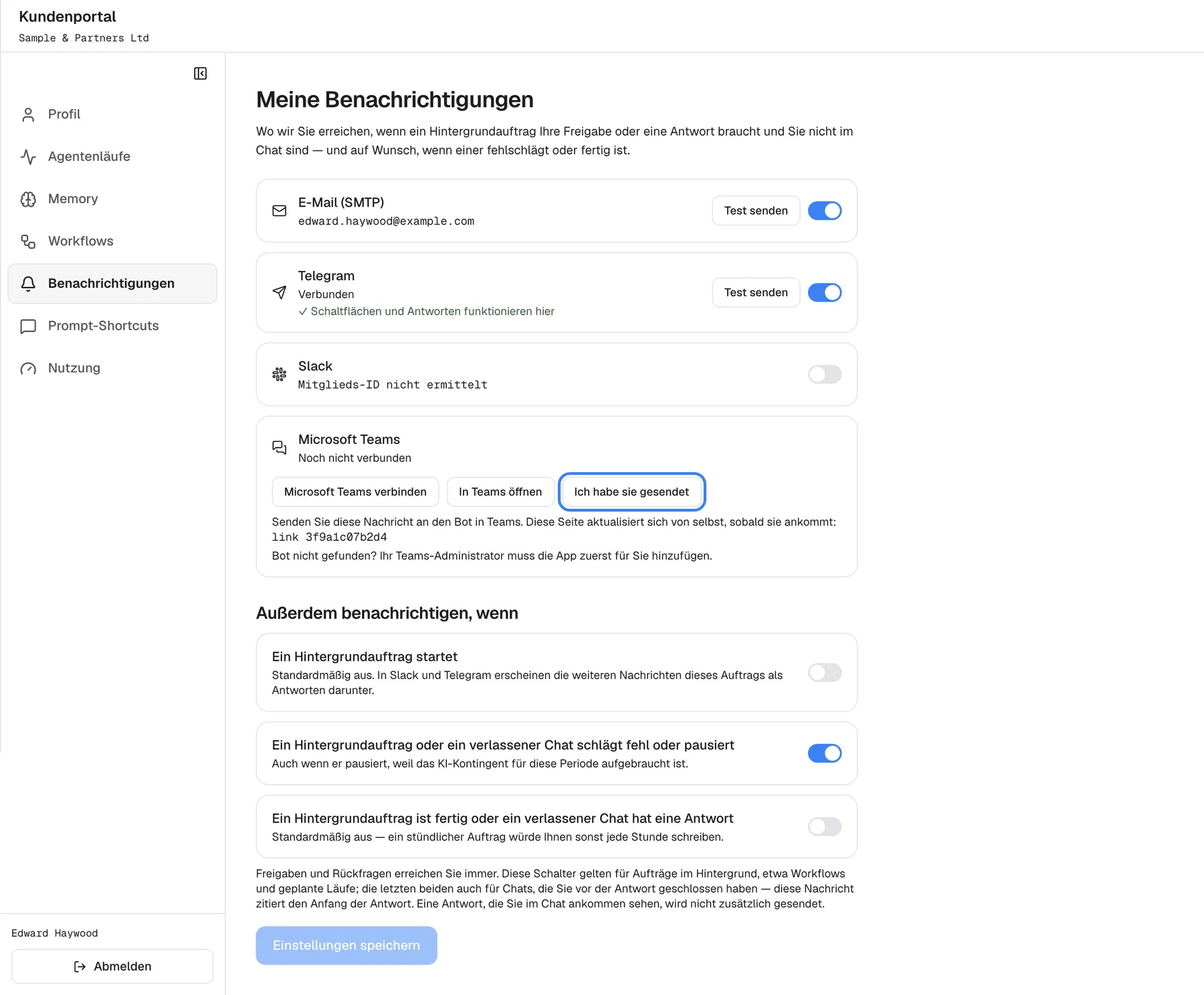 "Meine Benachrichtigungen" mit einer vierten Karte "Microsoft Teams", markiert mit "Noch nicht verbunden", nach einem Klick auf "Microsoft Teams verbinden". Die Karte lautet "Senden Sie diese Nachricht an den Bot in Teams. Diese Seite aktualisiert sich von selbst, sobald sie ankommt:" über der Nachricht "link 3f9a1c07b2d4", mit "In Teams öffnen" und der hervorgehobenen Schaltfläche "Ich habe sie gesendet" sowie dem Hinweis "Bot nicht gefunden? Ihr Teams-Administrator muss die App zuerst für Sie hinzufügen." Darüber stehen die Karten für E-Mail, Telegram und Slack.