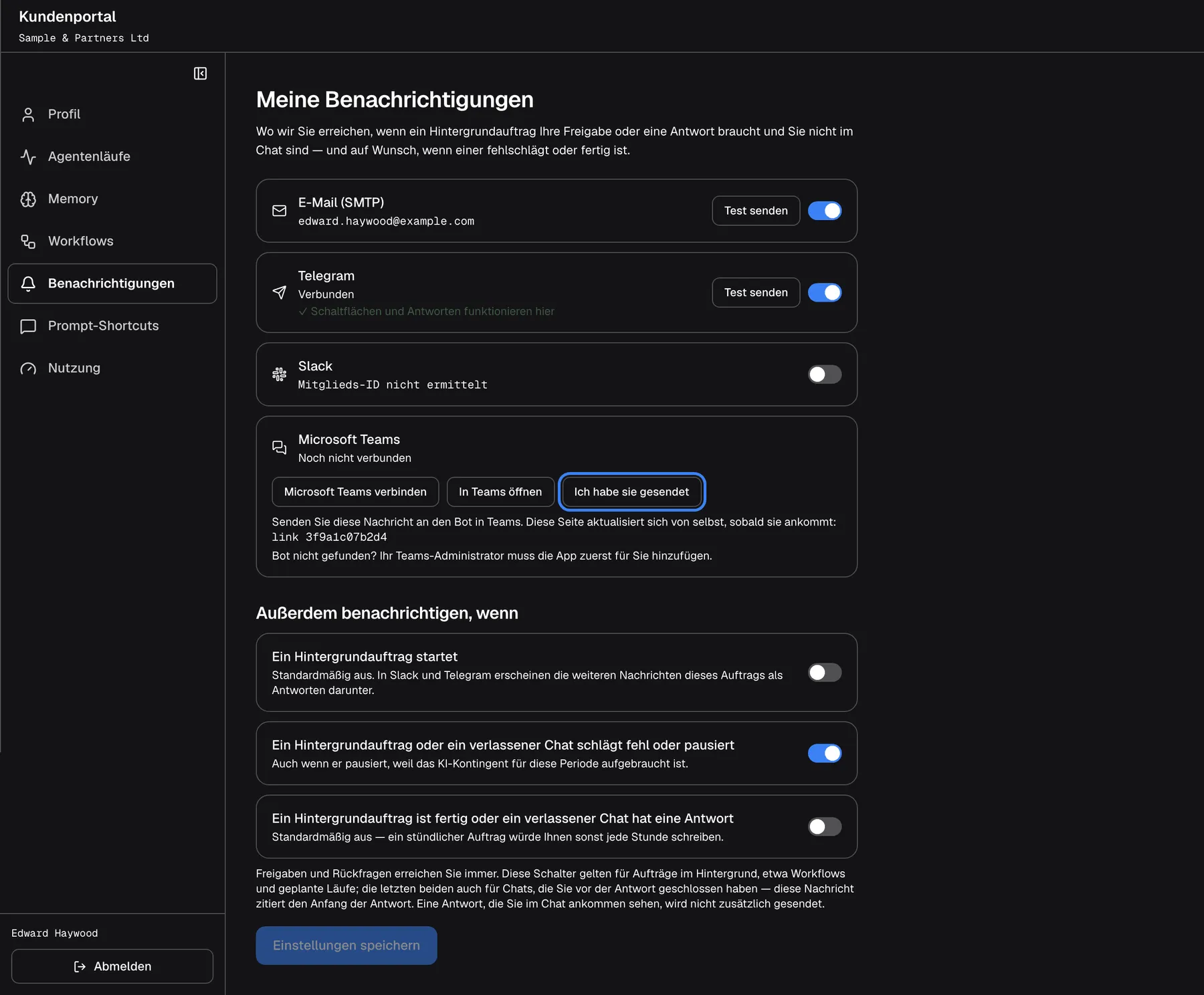 "Meine Benachrichtigungen" mit einer vierten Karte "Microsoft Teams", markiert mit "Noch nicht verbunden", nach einem Klick auf "Microsoft Teams verbinden". Die Karte lautet "Senden Sie diese Nachricht an den Bot in Teams. Diese Seite aktualisiert sich von selbst, sobald sie ankommt:" über der Nachricht "link 3f9a1c07b2d4", mit "In Teams öffnen" und der hervorgehobenen Schaltfläche "Ich habe sie gesendet" sowie dem Hinweis "Bot nicht gefunden? Ihr Teams-Administrator muss die App zuerst für Sie hinzufügen." Darüber stehen die Karten für E-Mail, Telegram und Slack.