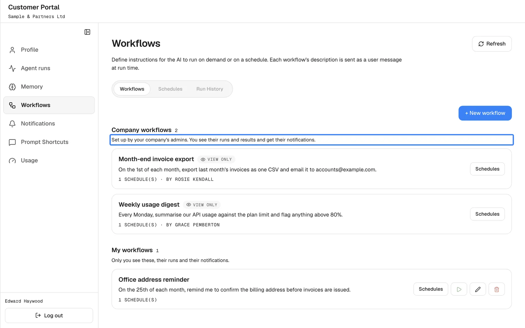 The Workflows page as a Member. Under "Company workflows" the highlighted text reads "Set up by your company's admins. You see their runs and results and get their notifications." The two company workflows, "Month-end invoice export" and "Weekly usage digest", are marked "View only" and offer only "Schedules", with no run, edit or delete buttons. Under "My workflows" is the member's own "Office address reminder" with "Schedules", "Run now", a pencil and a bin. "+ New workflow" creates another personal workflow.
