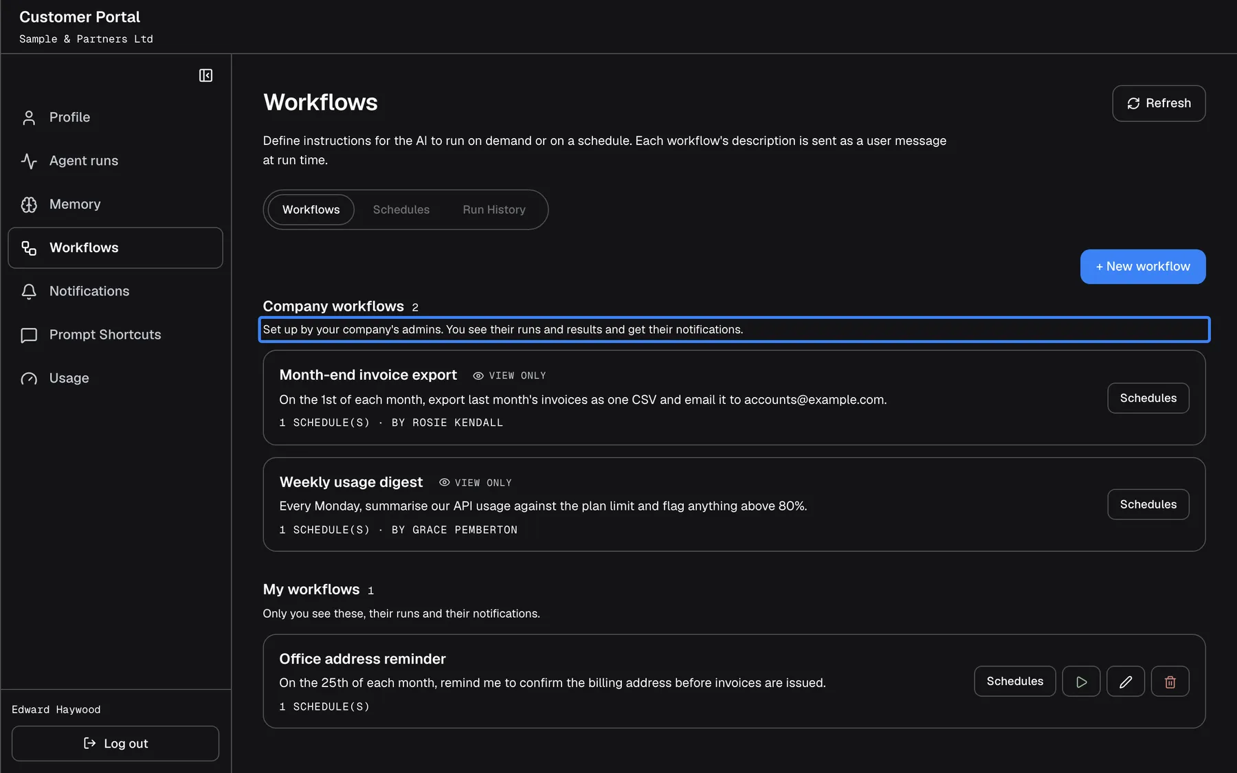 The Workflows page as a Member. Under "Company workflows" the highlighted text reads "Set up by your company's admins. You see their runs and results and get their notifications." The two company workflows, "Month-end invoice export" and "Weekly usage digest", are marked "View only" and offer only "Schedules", with no run, edit or delete buttons. Under "My workflows" is the member's own "Office address reminder" with "Schedules", "Run now", a pencil and a bin. "+ New workflow" creates another personal workflow.