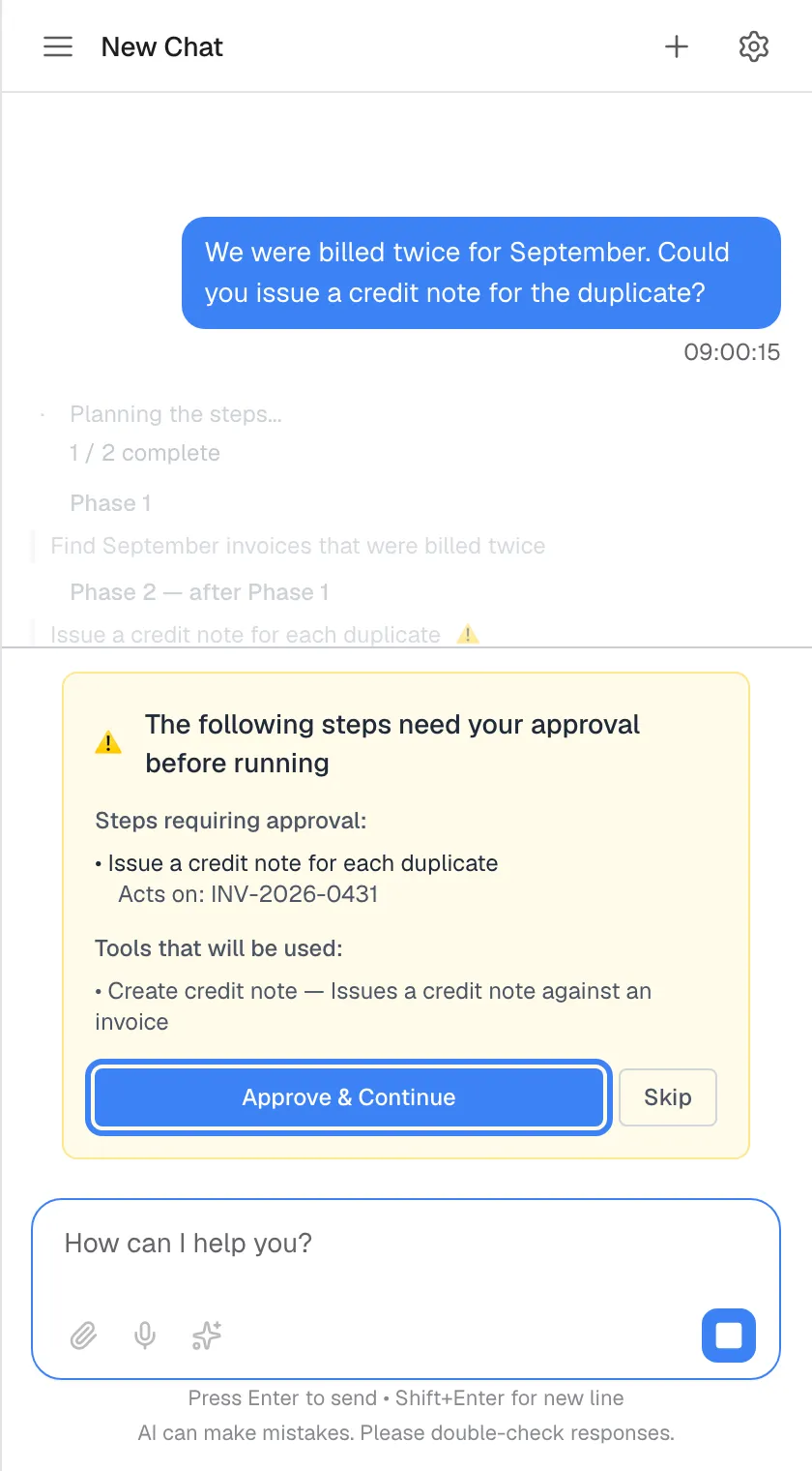 A request that needs several steps. The faint plan shows "1 / 2 complete", "Phase 1" (find September invoices billed twice) and "Phase 2 — after Phase 1" (issue a credit note) with a warning sign. Above the message box a yellow card says "The following steps need your approval before running", lists the step with "Acts on: INV-2026-0431" and the tool "Create credit note", and offers "Approve & Continue", highlighted, and "Skip". Skip leaves out only that step.