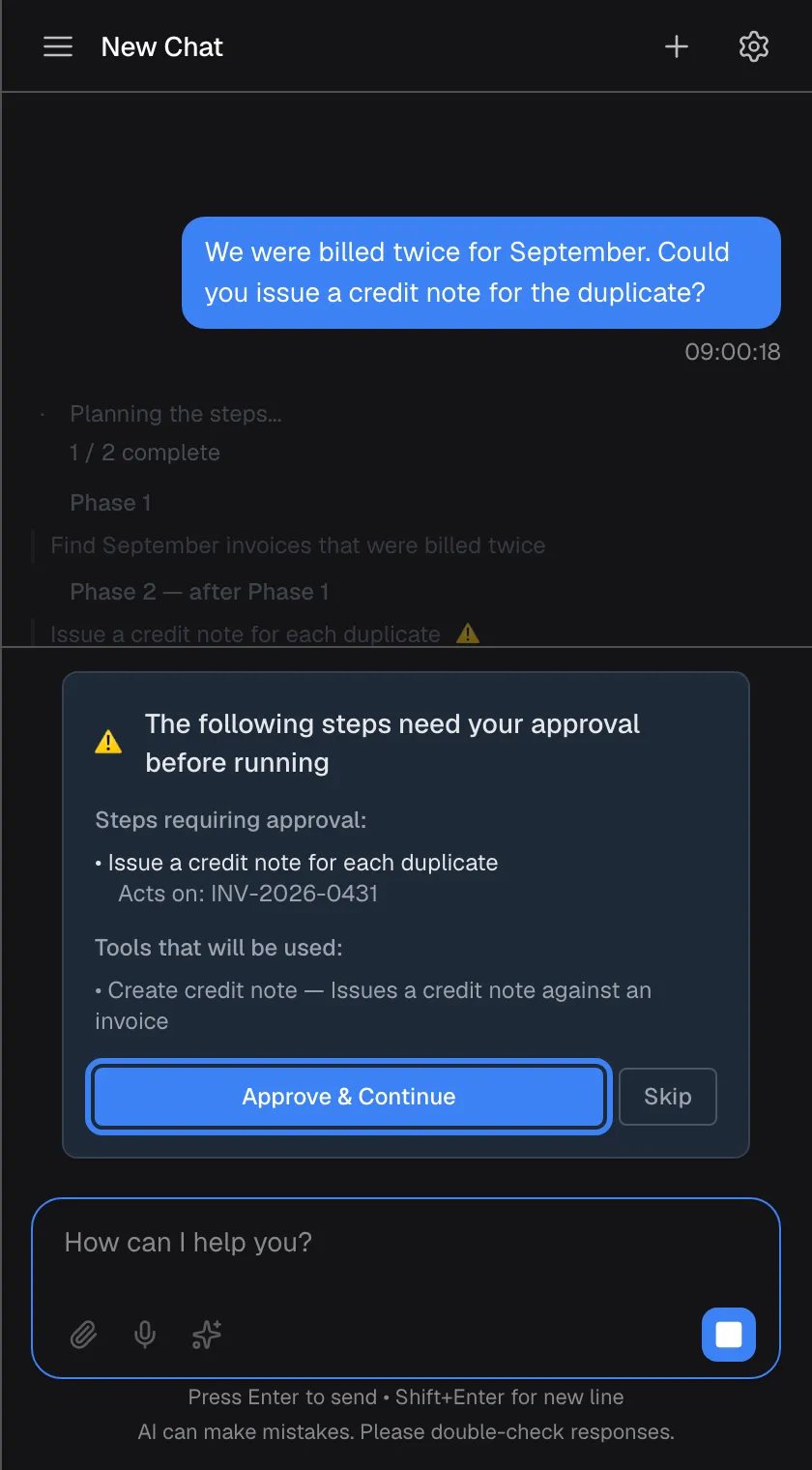 A request that needs several steps. The faint plan shows "1 / 2 complete", "Phase 1" (find September invoices billed twice) and "Phase 2 — after Phase 1" (issue a credit note) with a warning sign. Above the message box a yellow card says "The following steps need your approval before running", lists the step with "Acts on: INV-2026-0431" and the tool "Create credit note", and offers "Approve & Continue", highlighted, and "Skip". Skip leaves out only that step.