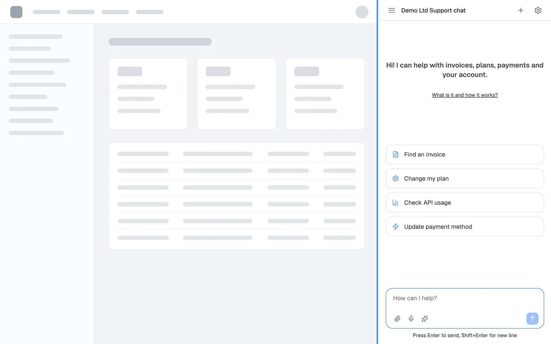 The provider's product with the assistant as a fixed panel: the page content is pushed to the left and the assistant, highlighted, is always open in a pane along the right edge, showing the title "Demo Ltd Support chat", the welcome text, four shortcut cards and the message box "How can I help?". There is no button or tab to close it; dragging the panel's left edge makes it wider or narrower.