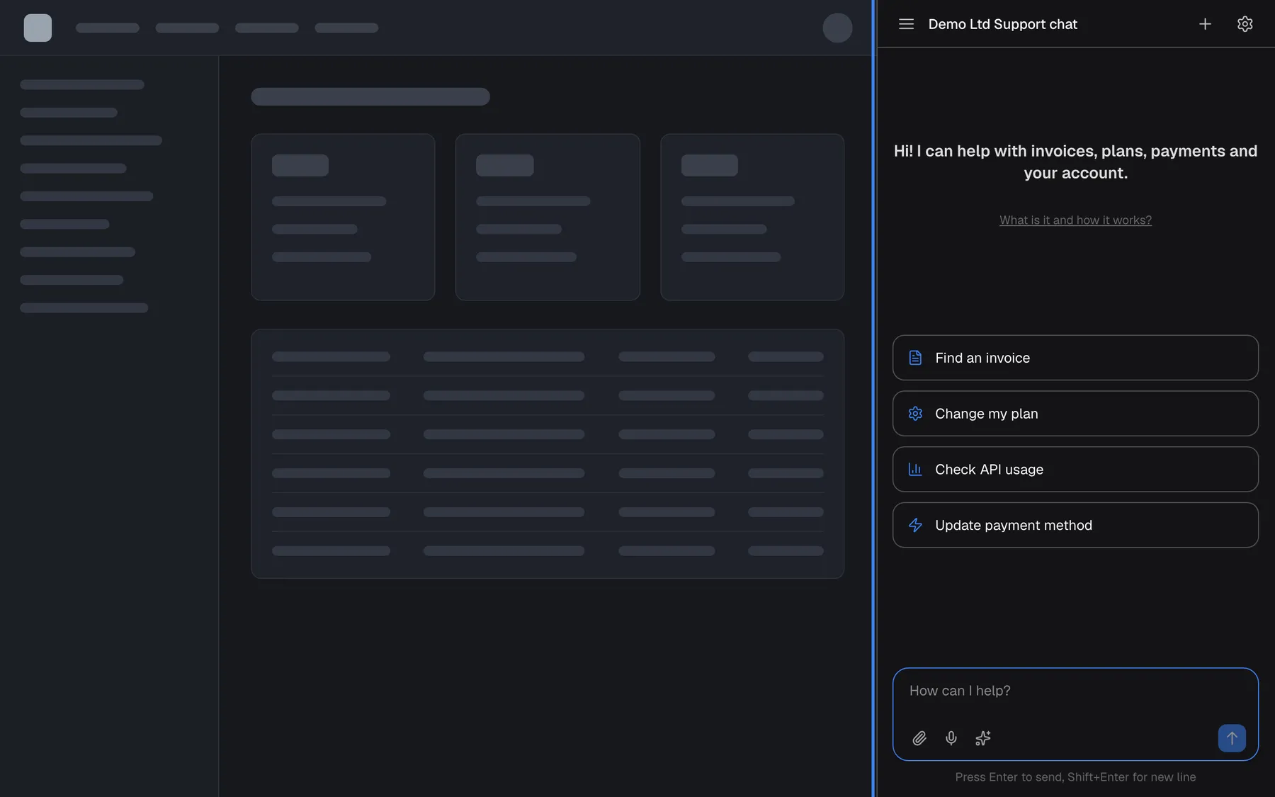 The provider's product with the assistant as a fixed panel: the page content is pushed to the left and the assistant, highlighted, is always open in a pane along the right edge, showing the title "Demo Ltd Support chat", the welcome text, four shortcut cards and the message box "How can I help?". There is no button or tab to close it; dragging the panel's left edge makes it wider or narrower.