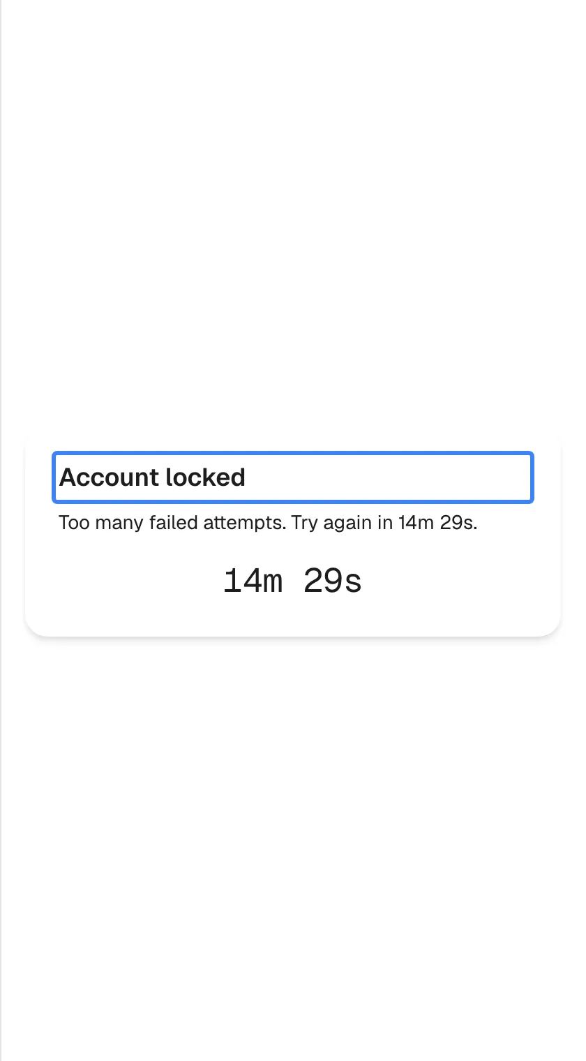 The lockout screen: a card with the heading "Account locked", highlighted, the line "Too many failed attempts. Try again in 14m 29s." and the same countdown shown large below it. There is no field and no button; the countdown ticks every second, and when it reaches zero the assistant checks again and shows the sign-in screen.