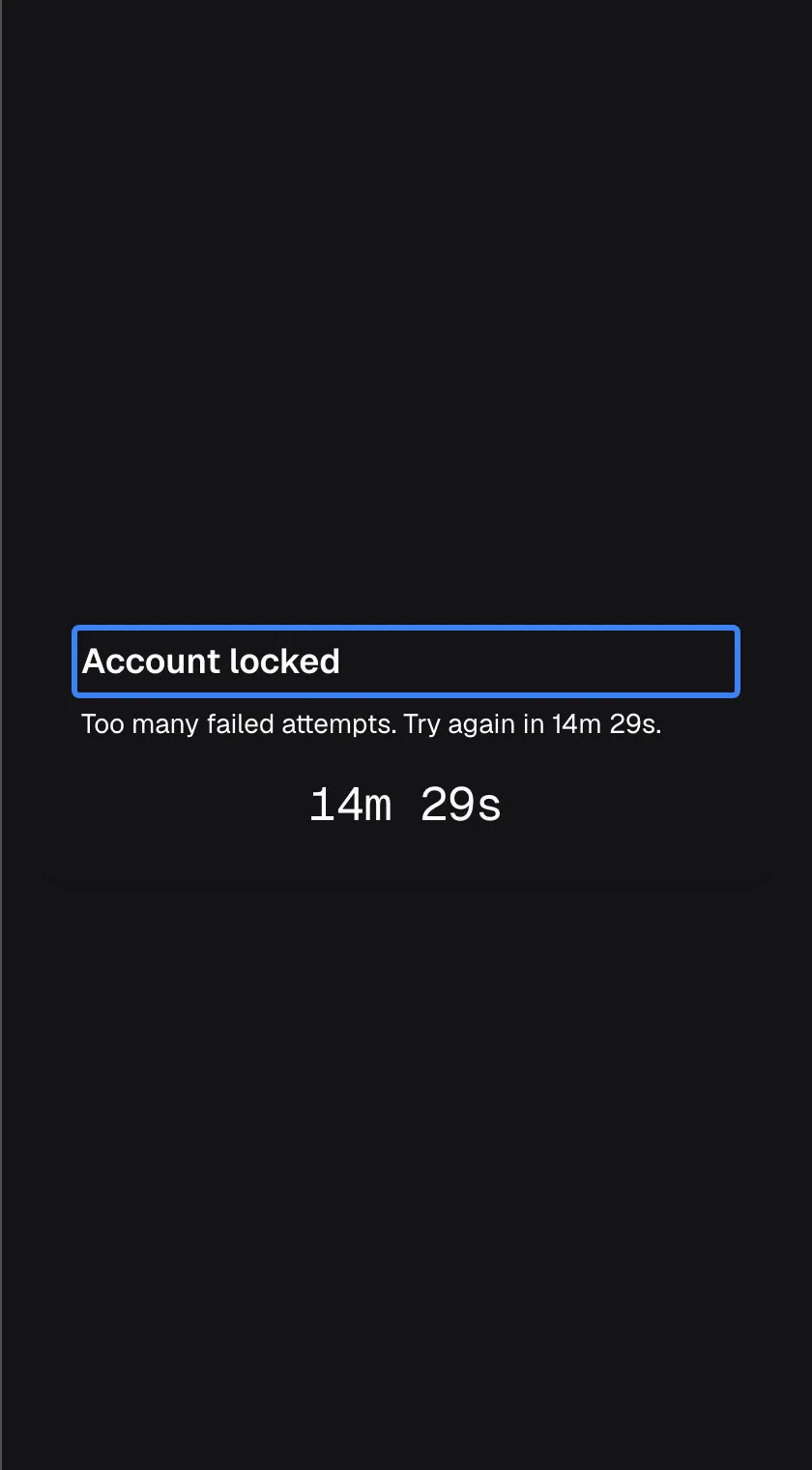 The lockout screen: a card with the heading "Account locked", highlighted, the line "Too many failed attempts. Try again in 14m 29s." and the same countdown shown large below it. There is no field and no button; the countdown ticks every second, and when it reaches zero the assistant checks again and shows the sign-in screen.