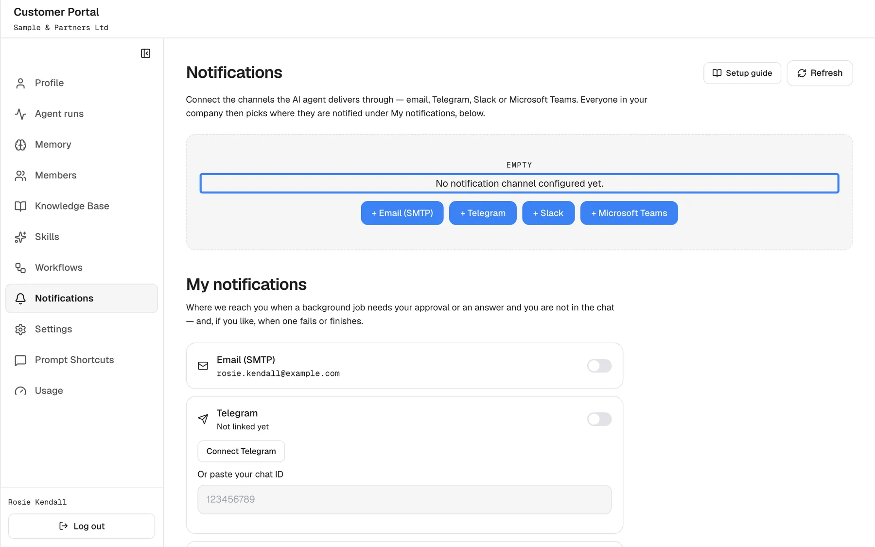 The Customer Portal's Notifications page as a Customer Admin whose company has no channel of its own. In a dashed box labelled "Empty" the highlighted text reads "No notification channel configured yet." with four buttons, "+ Email (SMTP)", "+ Telegram", "+ Slack" and "+ Microsoft Teams". "Setup guide" and "Refresh" are at the top right. Without its own channels the company's notifications still go out through the provider's channels, so My notifications below still offers choices.
