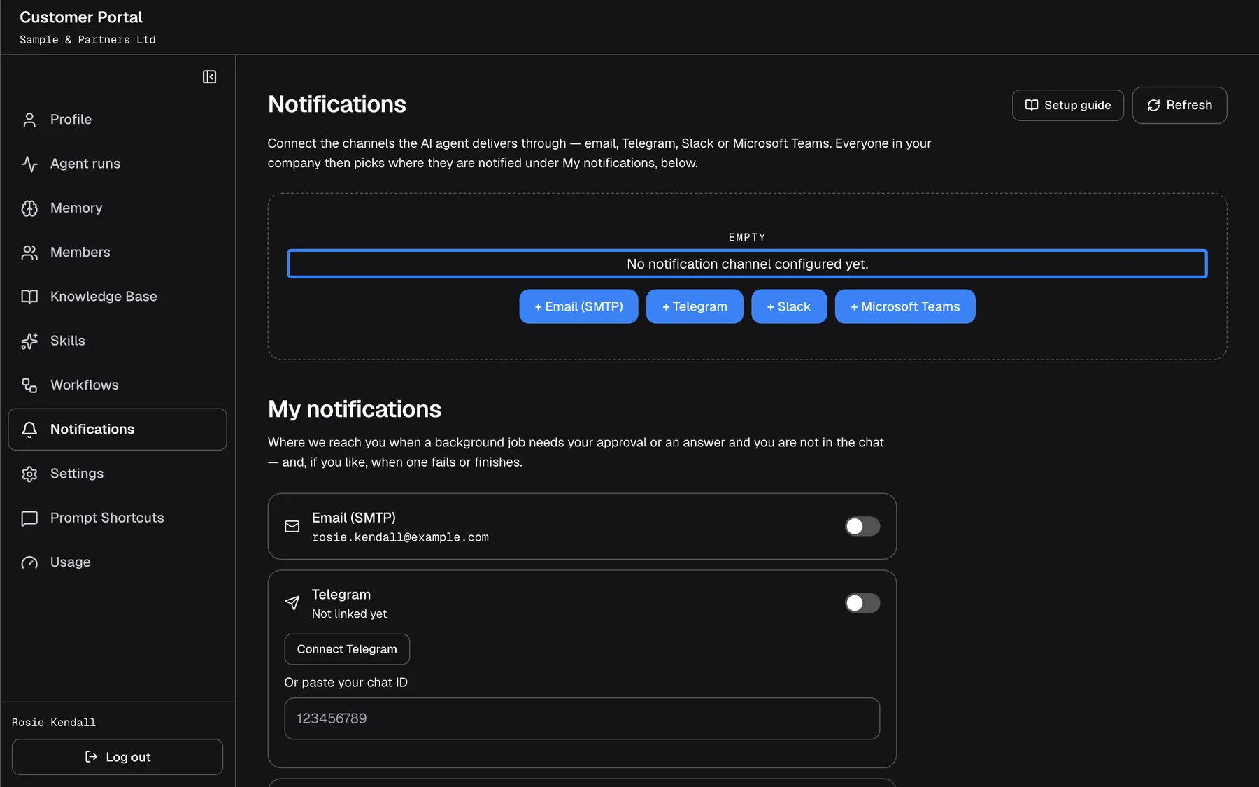 The Customer Portal's Notifications page as a Customer Admin whose company has no channel of its own. In a dashed box labelled "Empty" the highlighted text reads "No notification channel configured yet." with four buttons, "+ Email (SMTP)", "+ Telegram", "+ Slack" and "+ Microsoft Teams". "Setup guide" and "Refresh" are at the top right. Without its own channels the company's notifications still go out through the provider's channels, so My notifications below still offers choices.