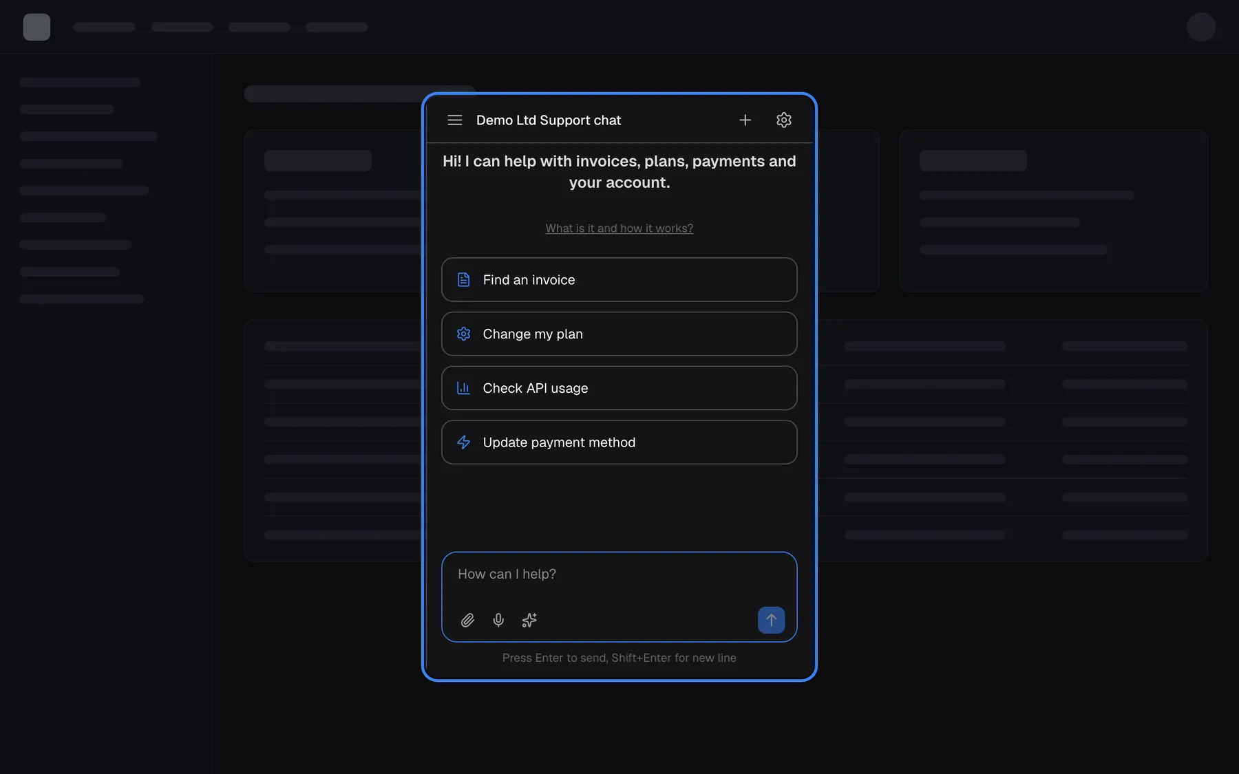 The provider's product with the assistant opened as a centred window, highlighted, over a dimmed page. The window shows the title "Demo Ltd Support chat", the welcome text, the link "What is it and how it works?", four shortcut cards and the message box "How can I help?". Selecting the dimmed area around the window closes it.