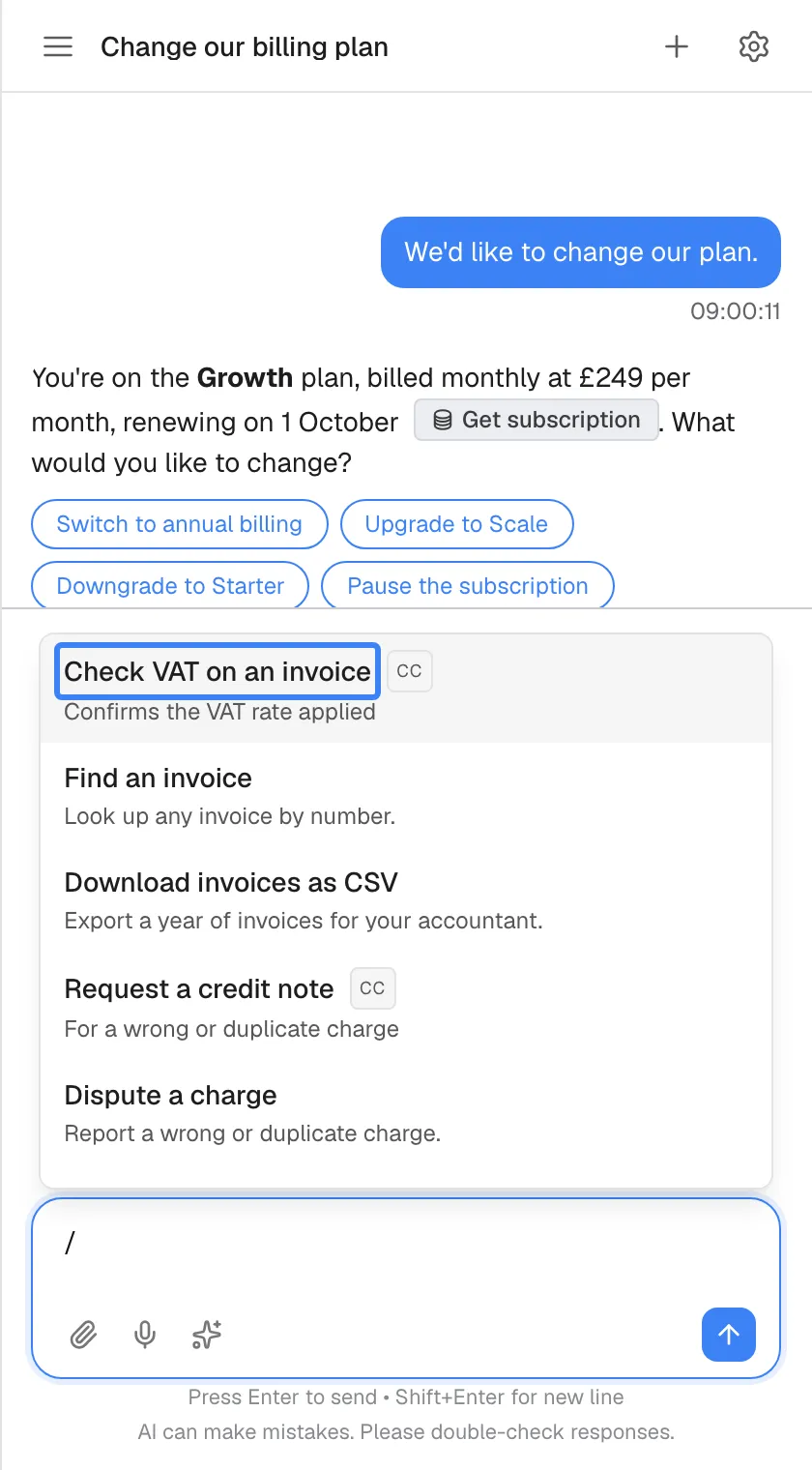 The same chat with "/" typed into the message box. A list of prompt shortcuts has opened above the box, each with a name and a short description. Shortcuts your company added carry a small "CC" badge, such as "Check VAT on an invoice", highlighted, and "Request a credit note"; the others come from your provider, such as "Find an invoice". Use the arrow keys and Enter, or click, to put a shortcut's text into the box; it is not sent until you send it.