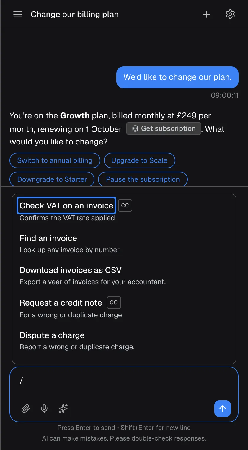 The same chat with "/" typed into the message box. A list of prompt shortcuts has opened above the box, each with a name and a short description. Shortcuts your company added carry a small "CC" badge, such as "Check VAT on an invoice", highlighted, and "Request a credit note"; the others come from your provider, such as "Find an invoice". Use the arrow keys and Enter, or click, to put a shortcut's text into the box; it is not sent until you send it.