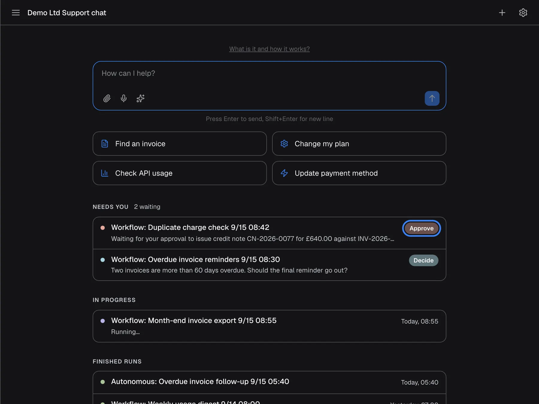 The assistant in a wide window, where the welcome screen also lists background runs. Under "NEEDS YOU" with "2 waiting" are "Workflow: Duplicate charge check 9/15 08:42", a run started with Run now in the portal that waits for approval to issue credit note CN-2026-0077, with a red "Approve" button, highlighted, and "Workflow: Overdue invoice reminders 9/15 08:30", which asks a question and has a "Decide" button. Below are "IN PROGRESS" and "FINISHED RUNS". "Approve" approves the waiting step in place; "Decide" opens the run in the customer portal.