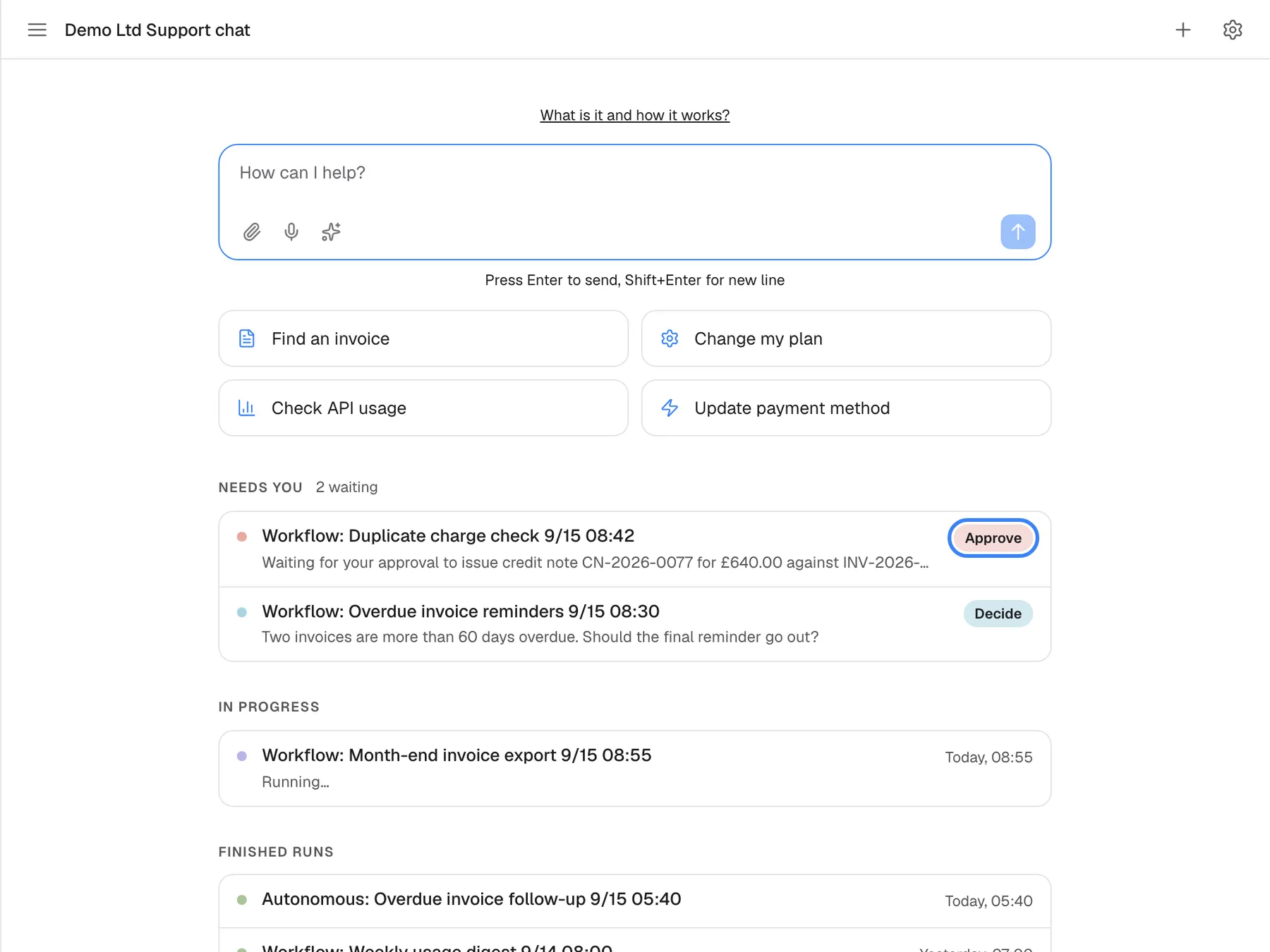 The assistant in a wide window, where the welcome screen also lists background runs. Under "NEEDS YOU" with "2 waiting" are "Workflow: Duplicate charge check 9/15 08:42", a run started with Run now in the portal that waits for approval to issue credit note CN-2026-0077, with a red "Approve" button, highlighted, and "Workflow: Overdue invoice reminders 9/15 08:30", which asks a question and has a "Decide" button. Below are "IN PROGRESS" and "FINISHED RUNS". "Approve" approves the waiting step in place; "Decide" opens the run in the customer portal.